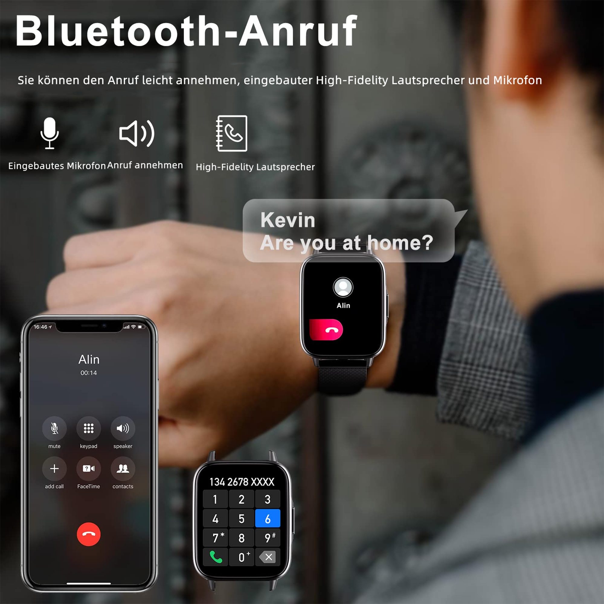 Tisoutec Smartwatch Damen Herren Smartwatch (Fitnessuhr mit Telefonfunktion/WhatsApp Notiz,Smartwatch Fitness Tracker Uhr IP67 Wasserdicht,1.7