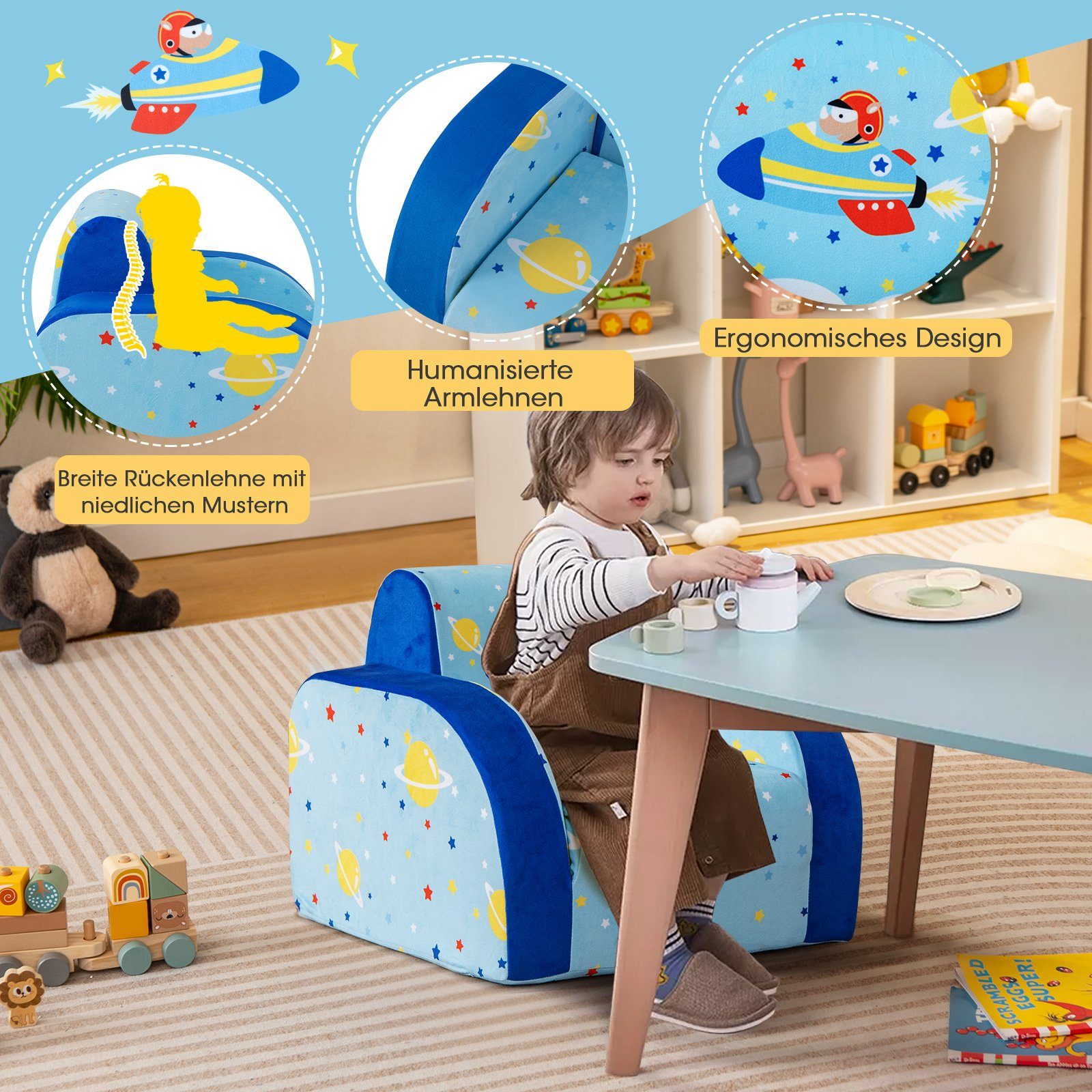 COSTWAY Kindersofa 3 in 1 Schlafsofa, klappbar, mit Schlaffunktion