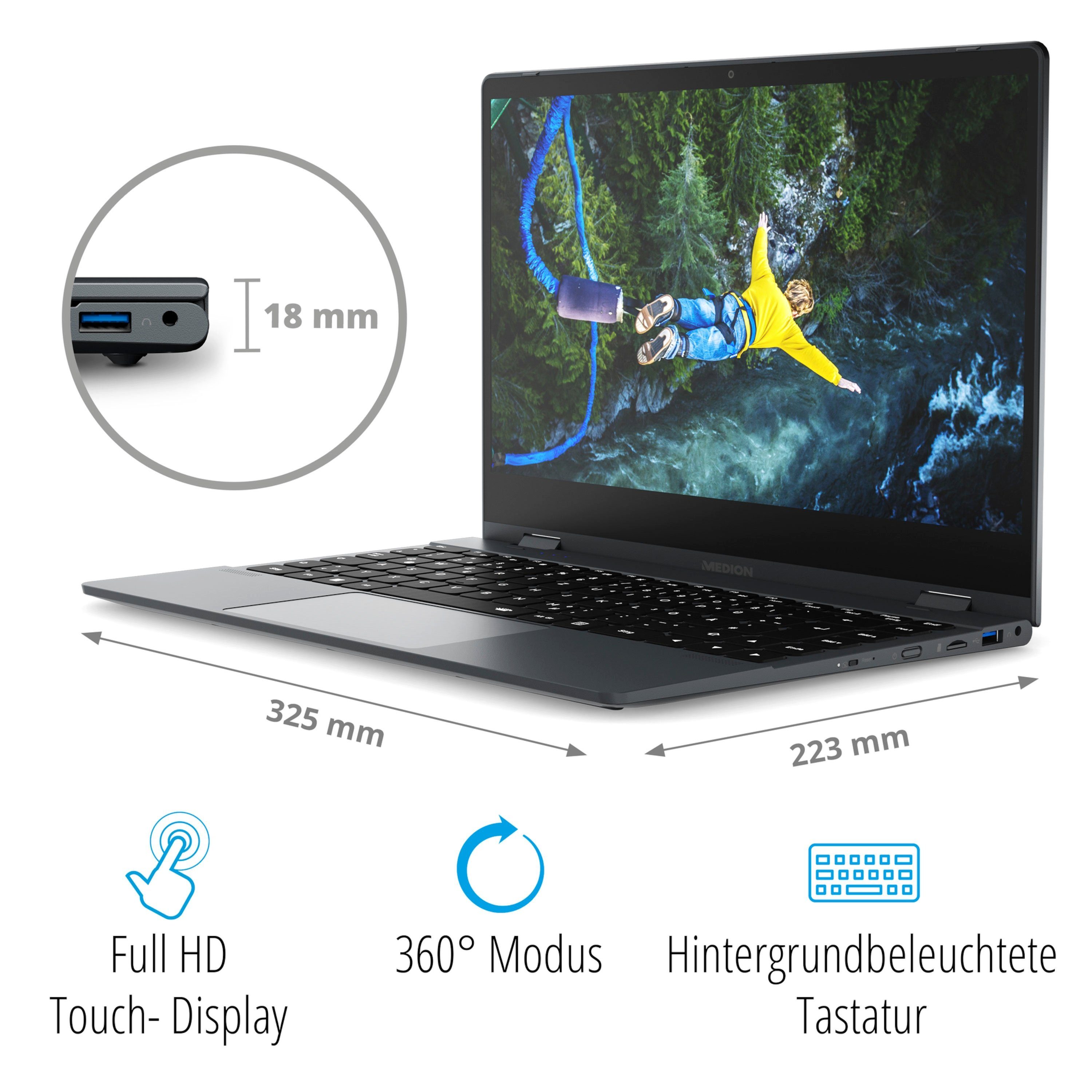 Medion® E14413 Convertible Notebook (35.5 cm/14 Zoll, Intel Core i3 1115G4, Intel® UHD, 128 GB SSD, Full-HD Display, 16GB, Windows 11, MD64141)