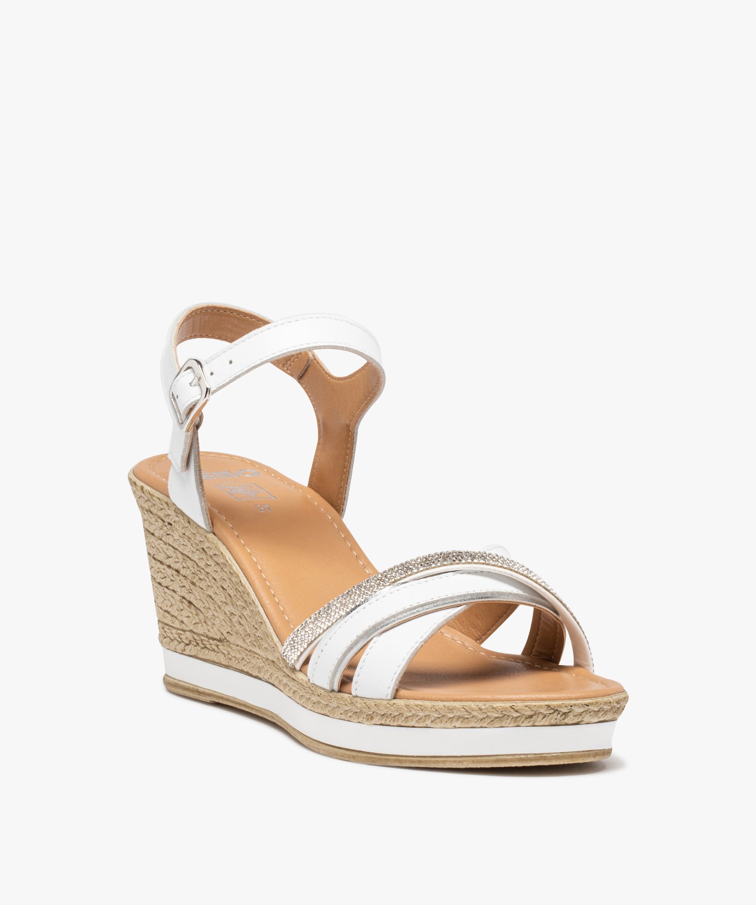 Sandales femme compensées à brides en cuir et strass blanc | GEMO
