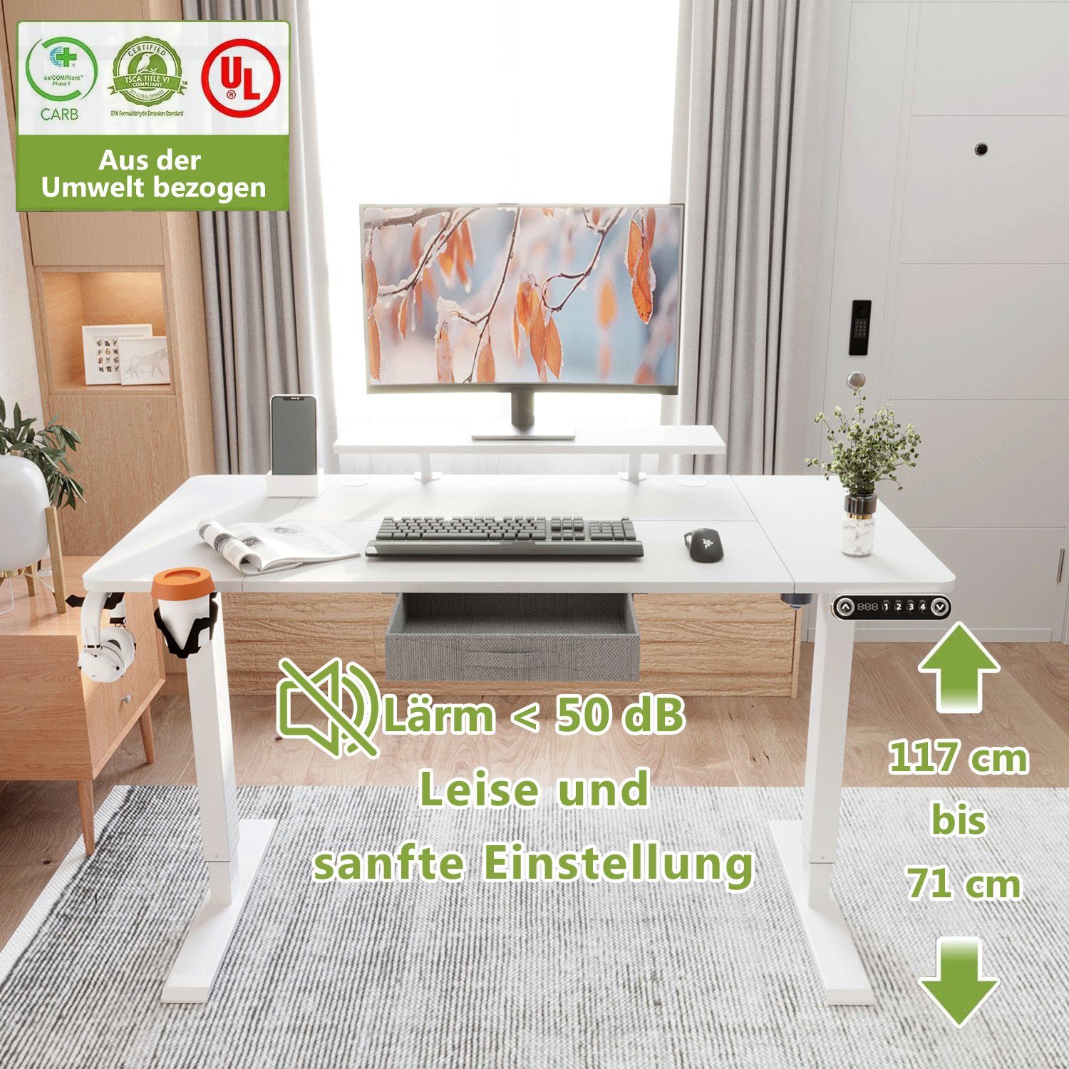 Radlove Schreibtisch Höhenverstellbarer Schreibtisch mit Schubladen (140x76 cm, 4-Memory Steuerung, Rollen, Getränkehalter, Drahtkorb, Schubladen), Schreibtisch Höhenverstellbar Elektrisch mit Monitorständer