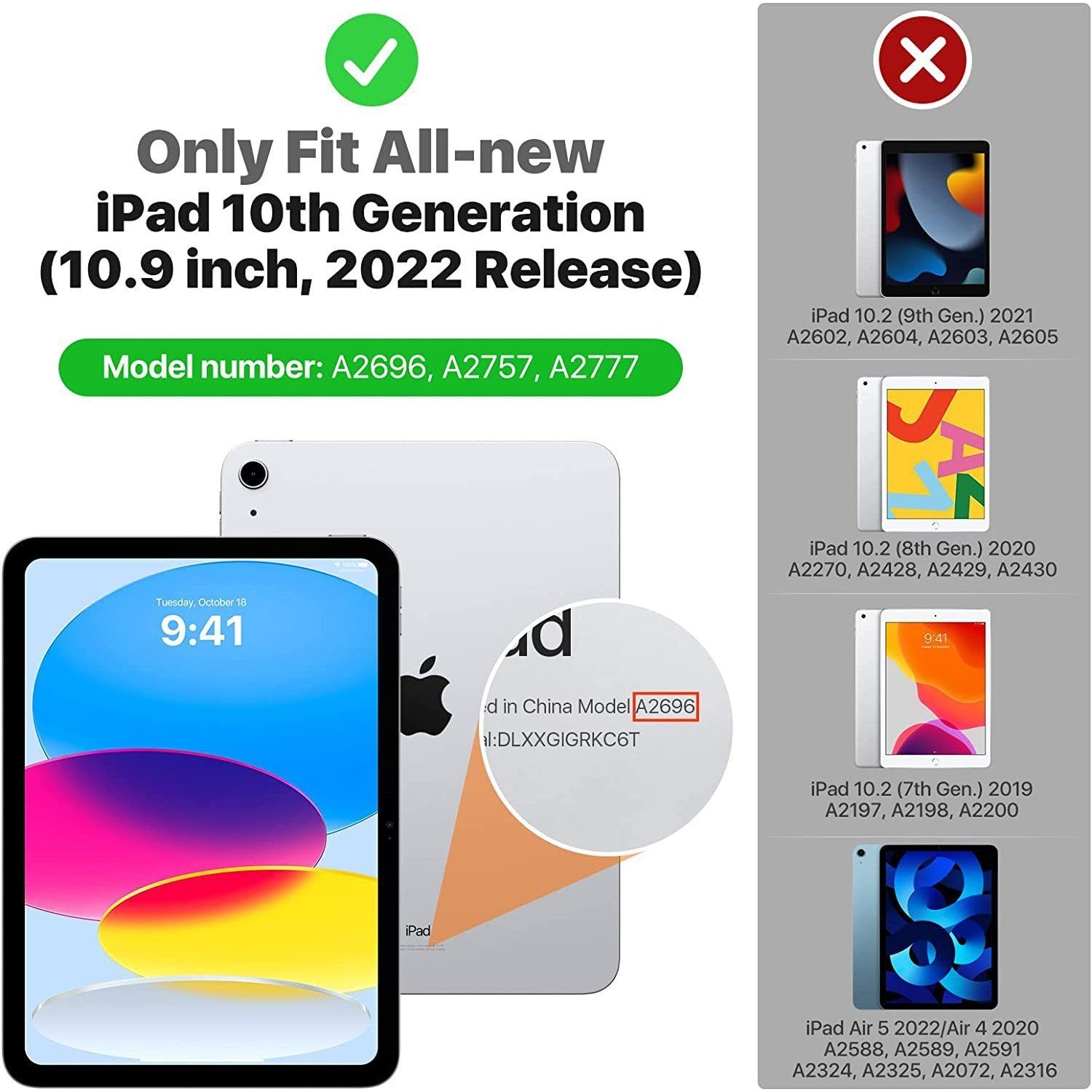 Mutoy Tablet-Hülle für iPad 10. Generation 2022 10.9 Zoll Hülle mit Panzerglas, Standfunktion Auto-Sleep/Wake Ultradünne