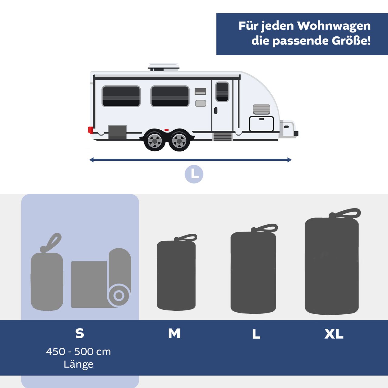 Lemodo Dachschutzplane für Wohnwagen, S 450-500 cm lang