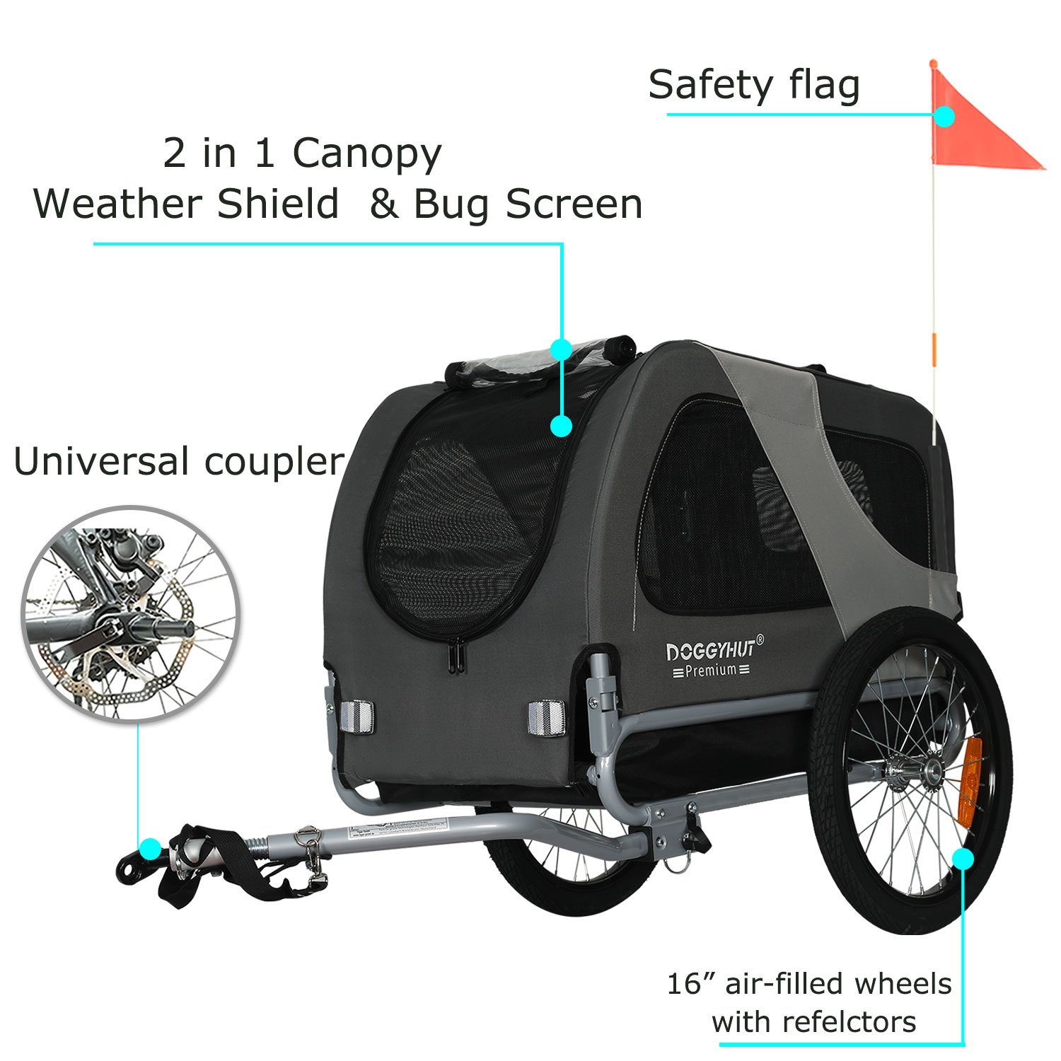 TIGGO Fahrradkinderanhänger DOGGYHUT® MEDIUM Hundefahrradanhänger Hundeanhänger Fahrradanhänger, Verstellbare Sicherheitsleine