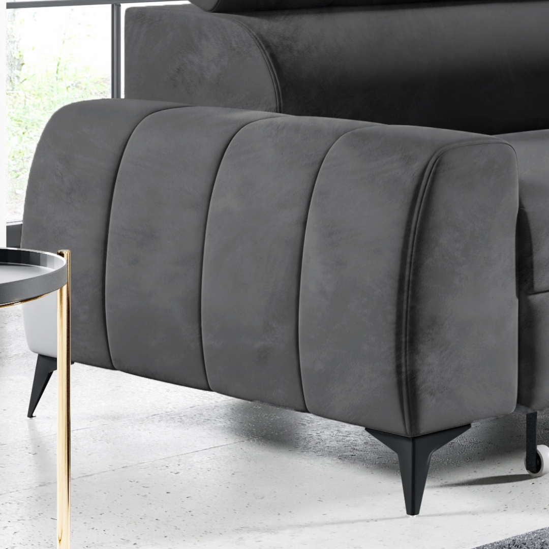 Möbel Punkt Wohnlandschaft Ecksofa Livorno Samt Grau Anthrazit mit Bettkasten Kopfteilverstellung Ottomane rechts