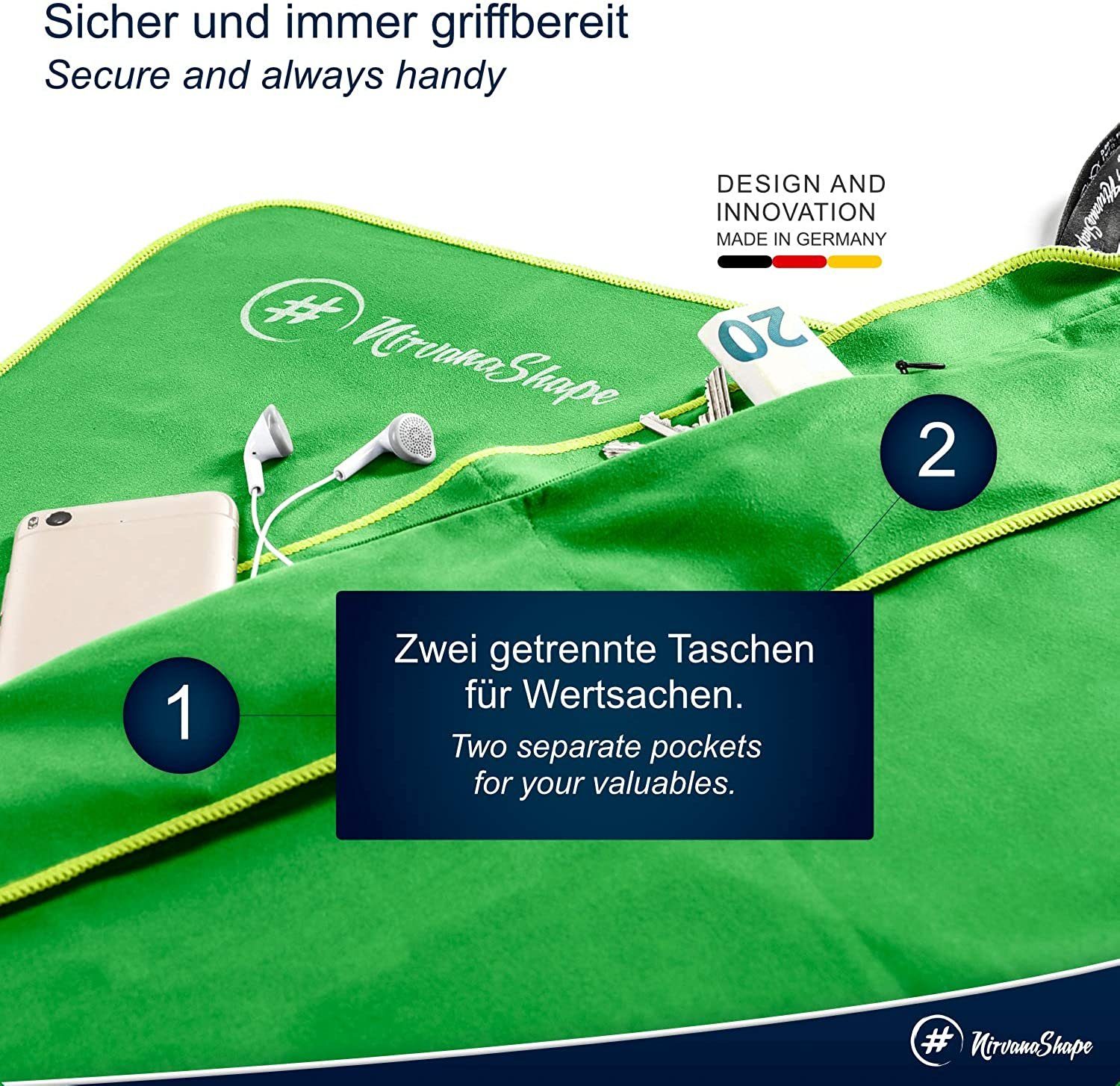 NirvanaShape Sporthandtuch Fitness-Handtuch mit Magnet-Clip, Mikrofaser Sporthandtuch, Microfaser, 2x Reißverschlusstaschen & Funktionaler Geräteüberzug, Ultra-Saugfähig