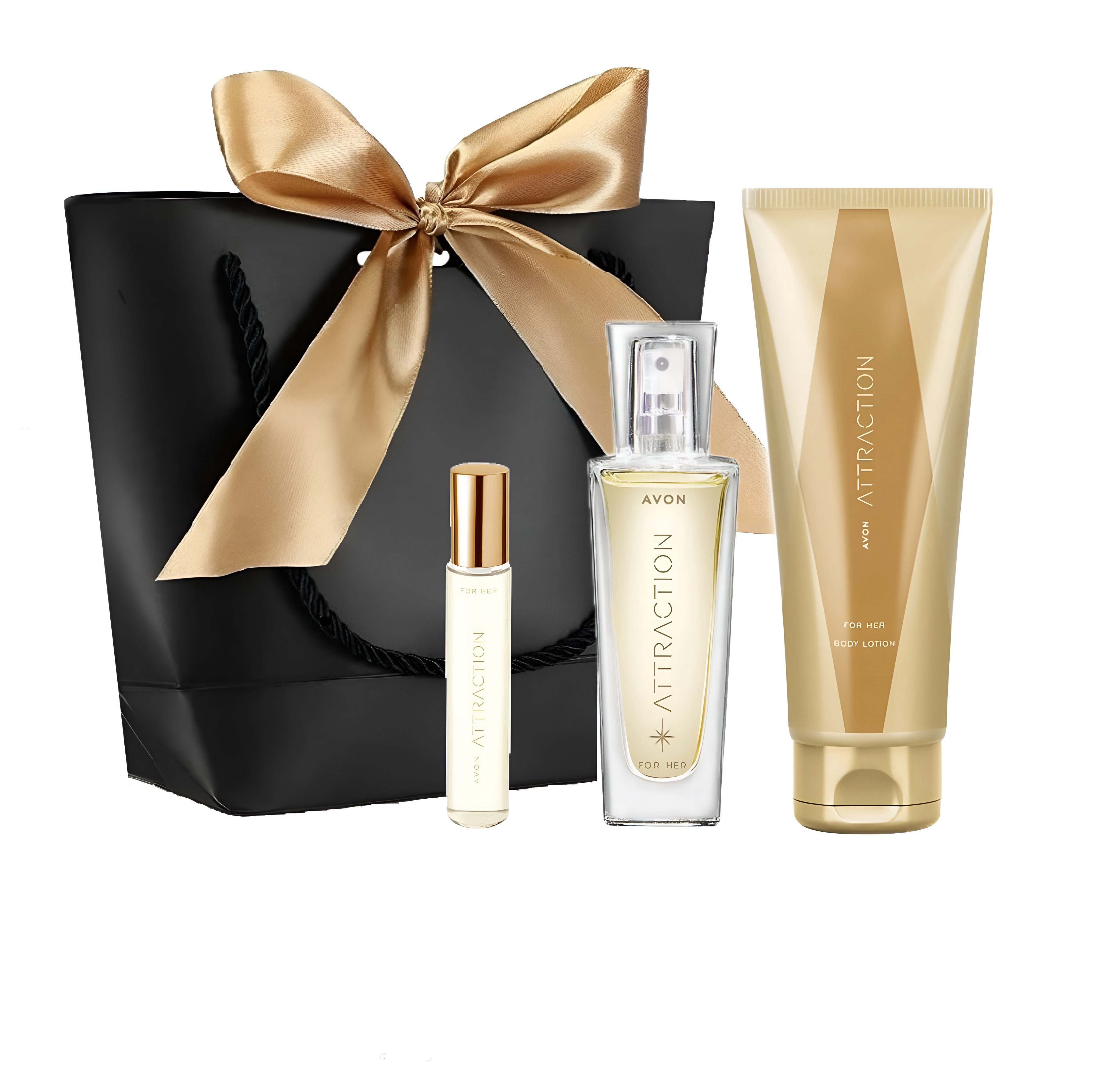 AVON Cosmetics Pflege-Geschenkset ATTRACTION Eau de Parfum 30 ml Taschenspray 10 ml Body Lotion 125 ml für Sie Set, 3-tlg., Langanhaltende Wirkung, Pflegende Körperlotion, Einzigartiger Duft