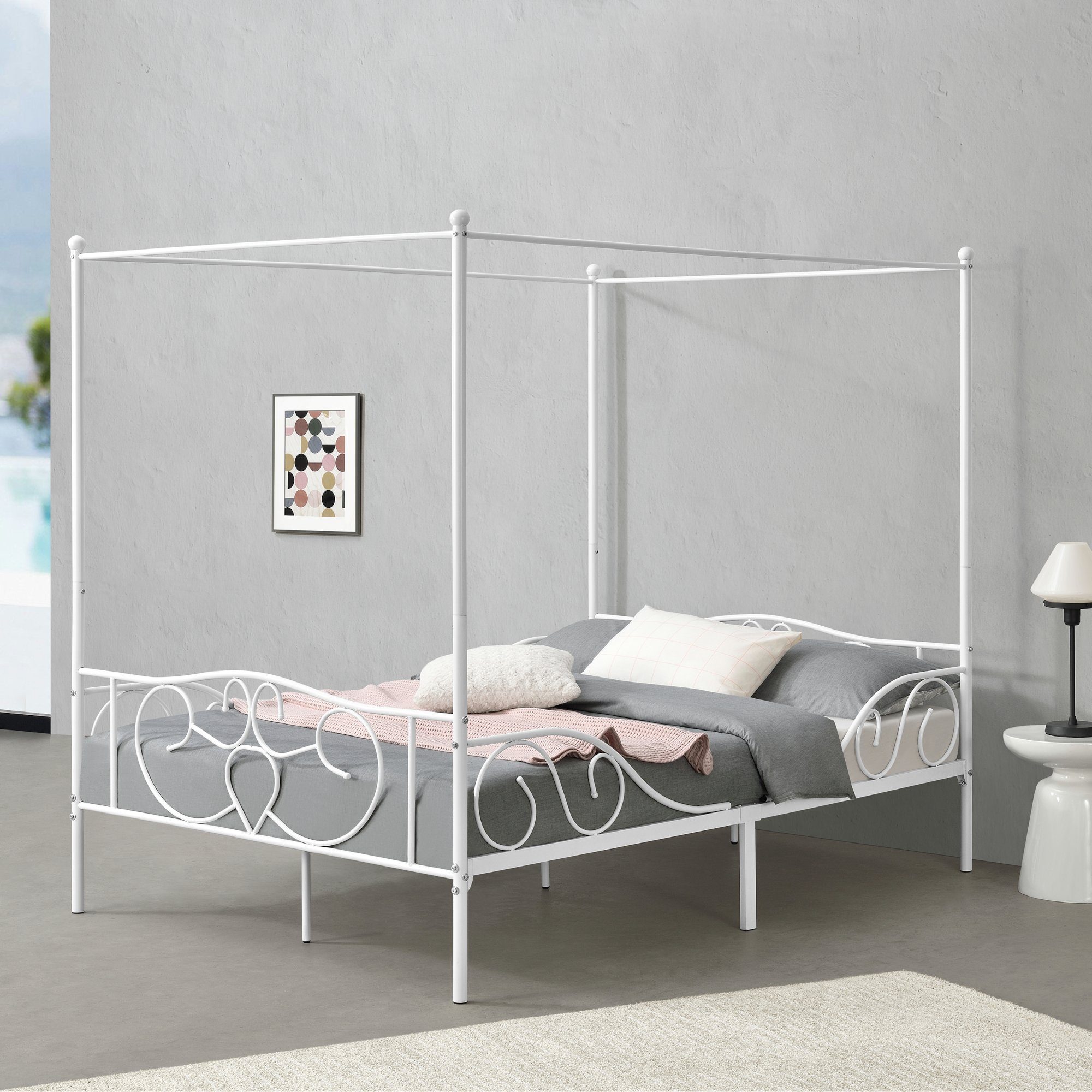 en.casa Himmelbett, Finström Metallbett Doppelbett 140x200cm Weiß