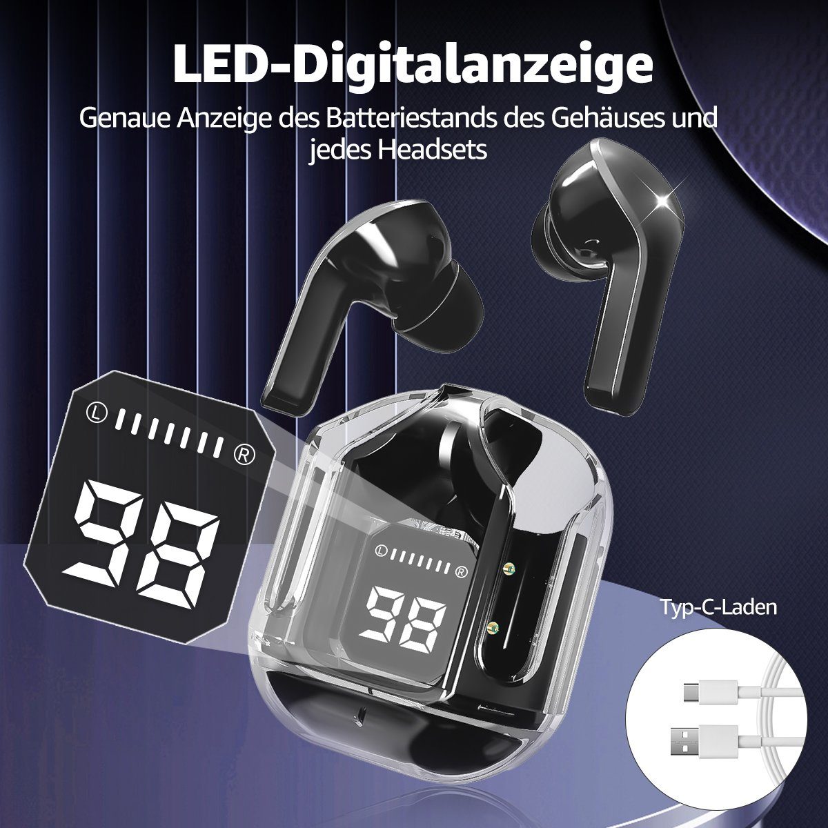 MOOHO wireless In Ear Kopfhörer, Bluetooth Kopfhörer Sport-Kopfhörer (Kabellose Kopfhörer Bluetooth 5.3 Stereo HiFi-Kopfhörer, LED Anzeige 25 Std IPX7 Wasserdicht Wireless Earbuds Mini Ladebox)