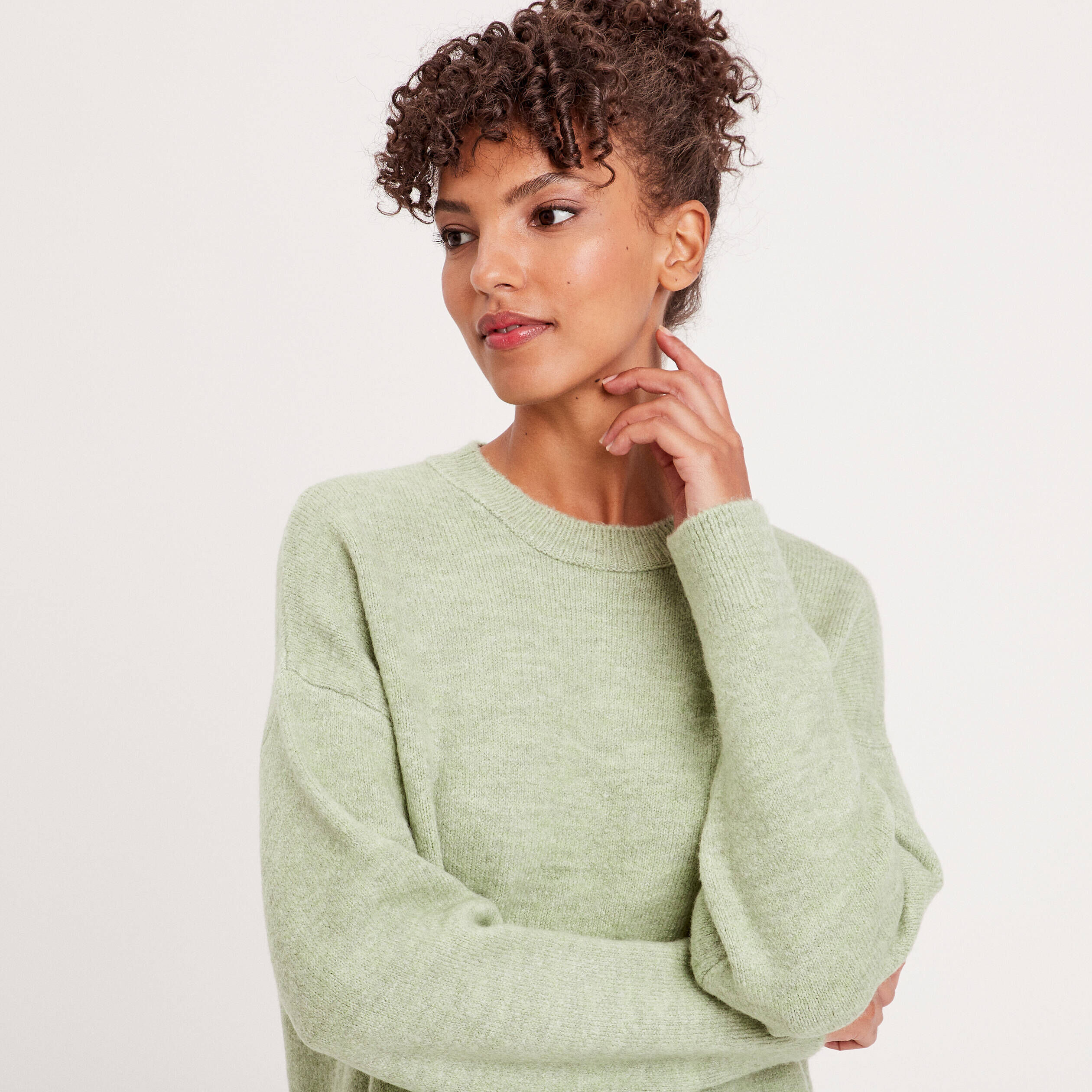 Pull manches longues col rond vert pastel femme | Cache Cache