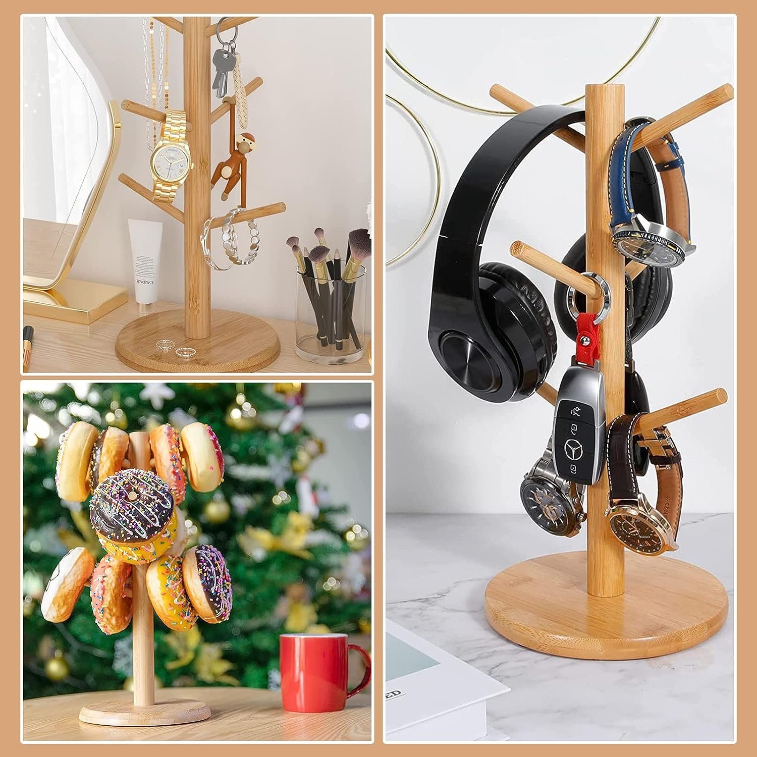 Bedee Gläserhalter Tassenhalter Becherhalter Bambus, Kaffee Tassenhalter mit 6 Haken (Baum Becher Halter Baum Kaffeebecher Gestell Getränkehalter, 1 St., Brezelständer aus Bambus), Rack Regal für Küche Zähler und Display Besteck Lagerung und Trocknun
