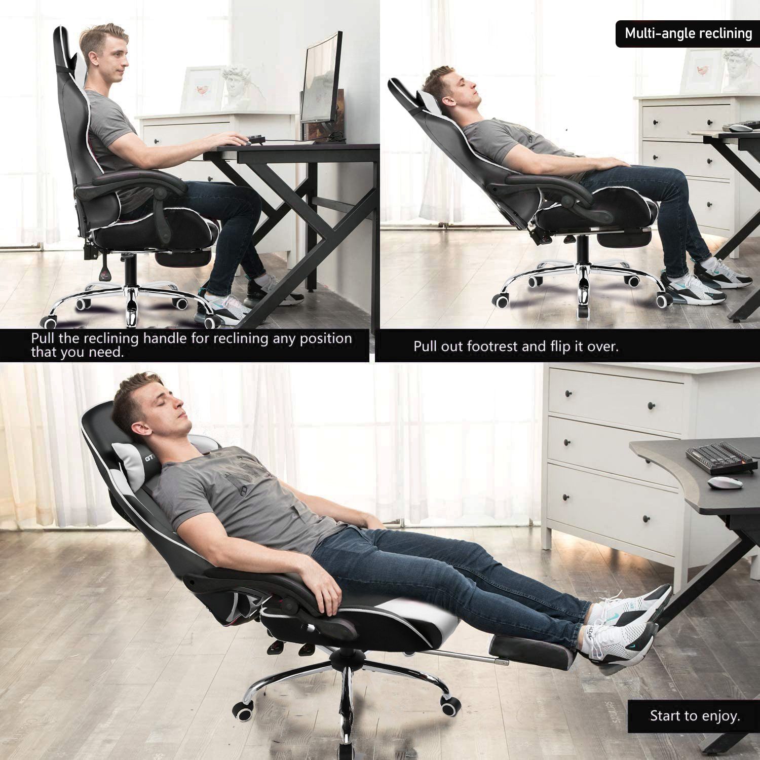 GTPLAYER Gaming-Stuhl mit Fußstütze und Massage-Lendenkissen Bürostuhl Zocker Stuhl, mit Verbindungsarmlehnen bis 120kg belastbar, Hohe Rückenlehne