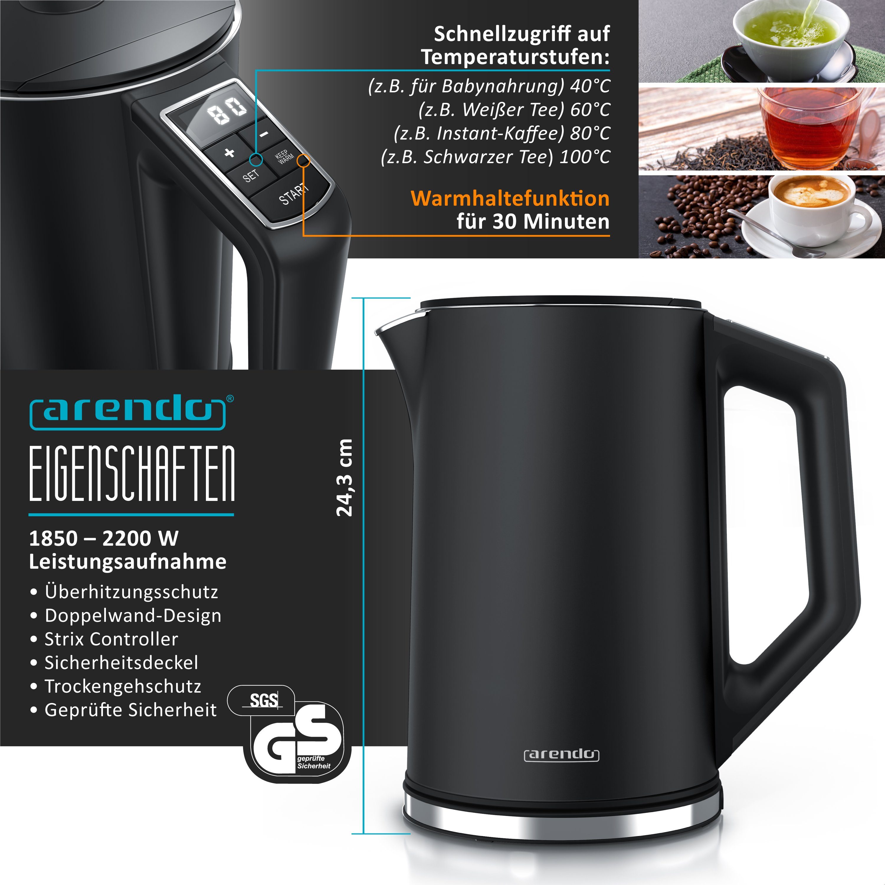 Arendo Frühstücks-Set (3-tlg), Wasserkocher 1,5l, 2-Scheiben Toaster, 6er Eierkocher, Schwarz