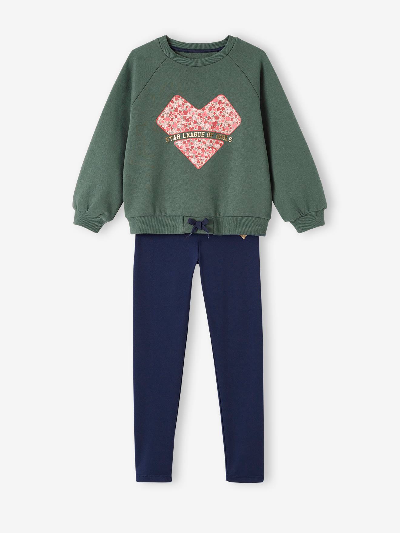 Ensemble sport sweat en molleton + legging matière technique fille vert