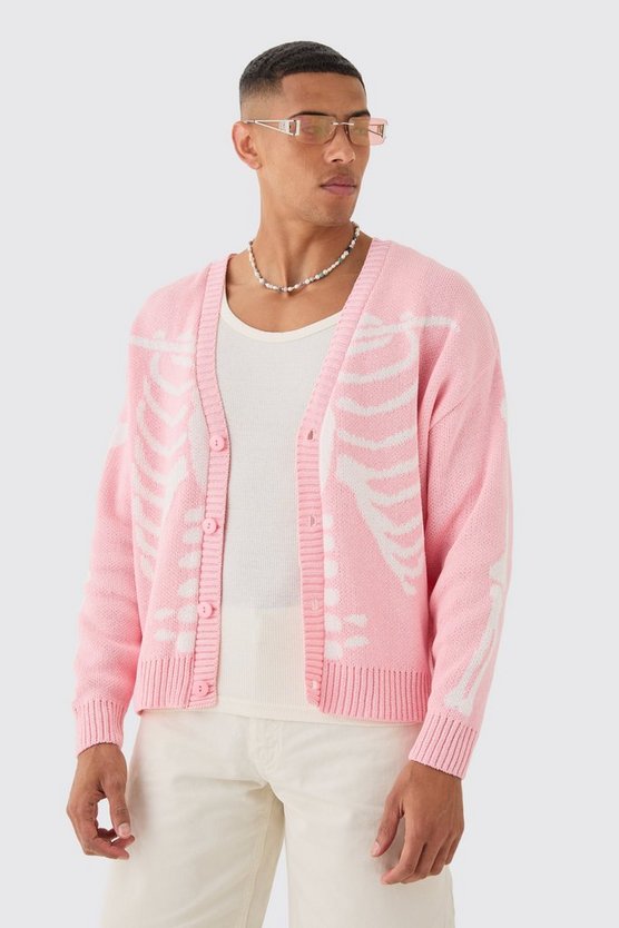 Kastiger Oversize Jacquard-Cardigan mit Skelett-Print