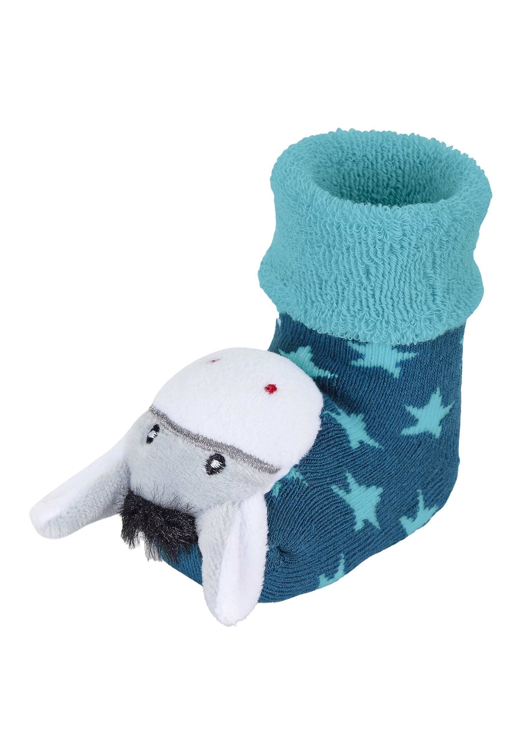 Sterntaler® Socken Baby-Rasselsöckchen Esel Rasselsöckchen Esel - Baby-Rasselsöckchen Mittelblau - Niedliche Babysocken mit integrierter Rassel - Baby Rasselsocken mit Umschlag plastischer Esel Figur und Stern-Motiven