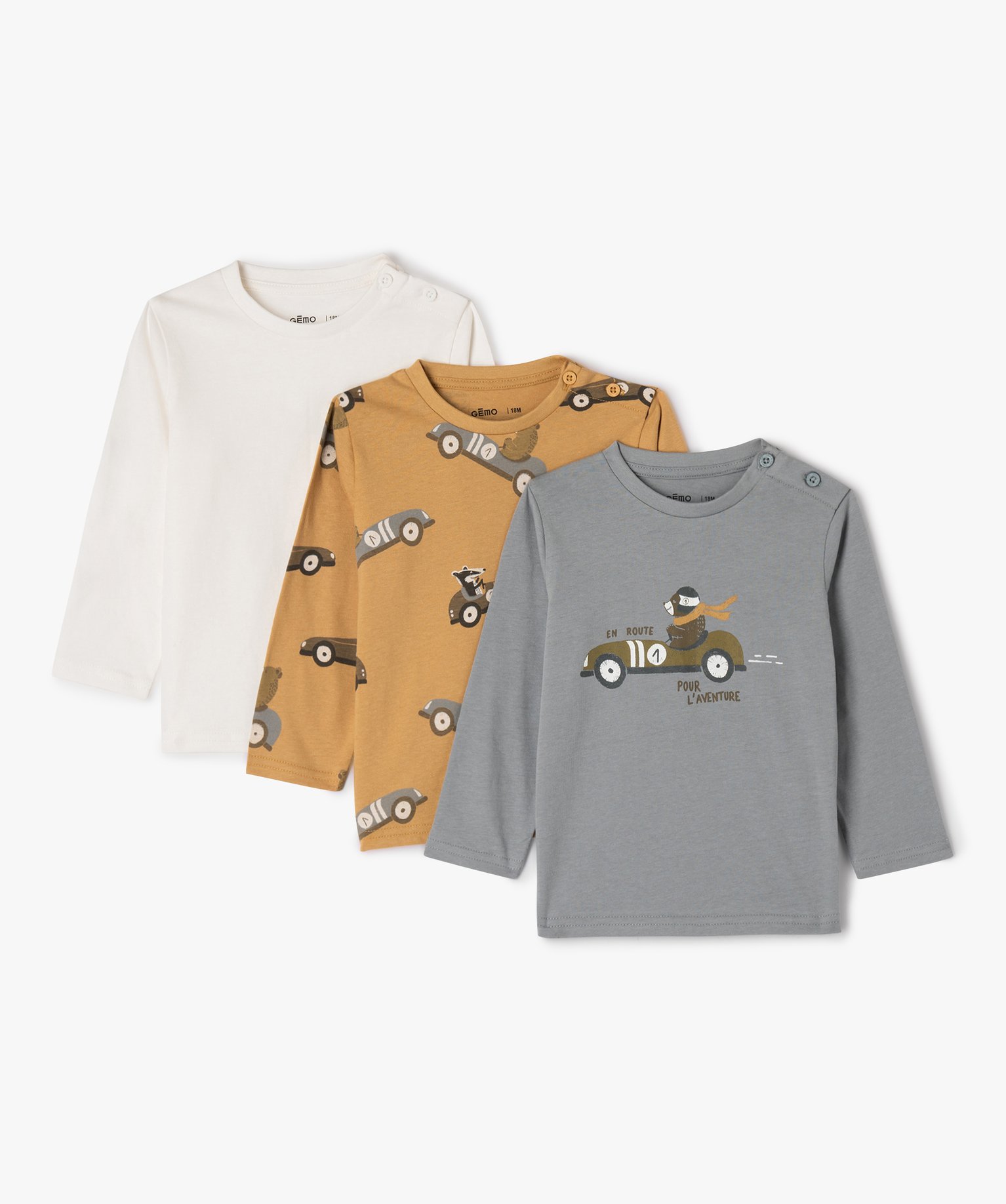 Tee-shirt manches longues en coton bébé Garçon (lot de 3) ecru | GEMO
