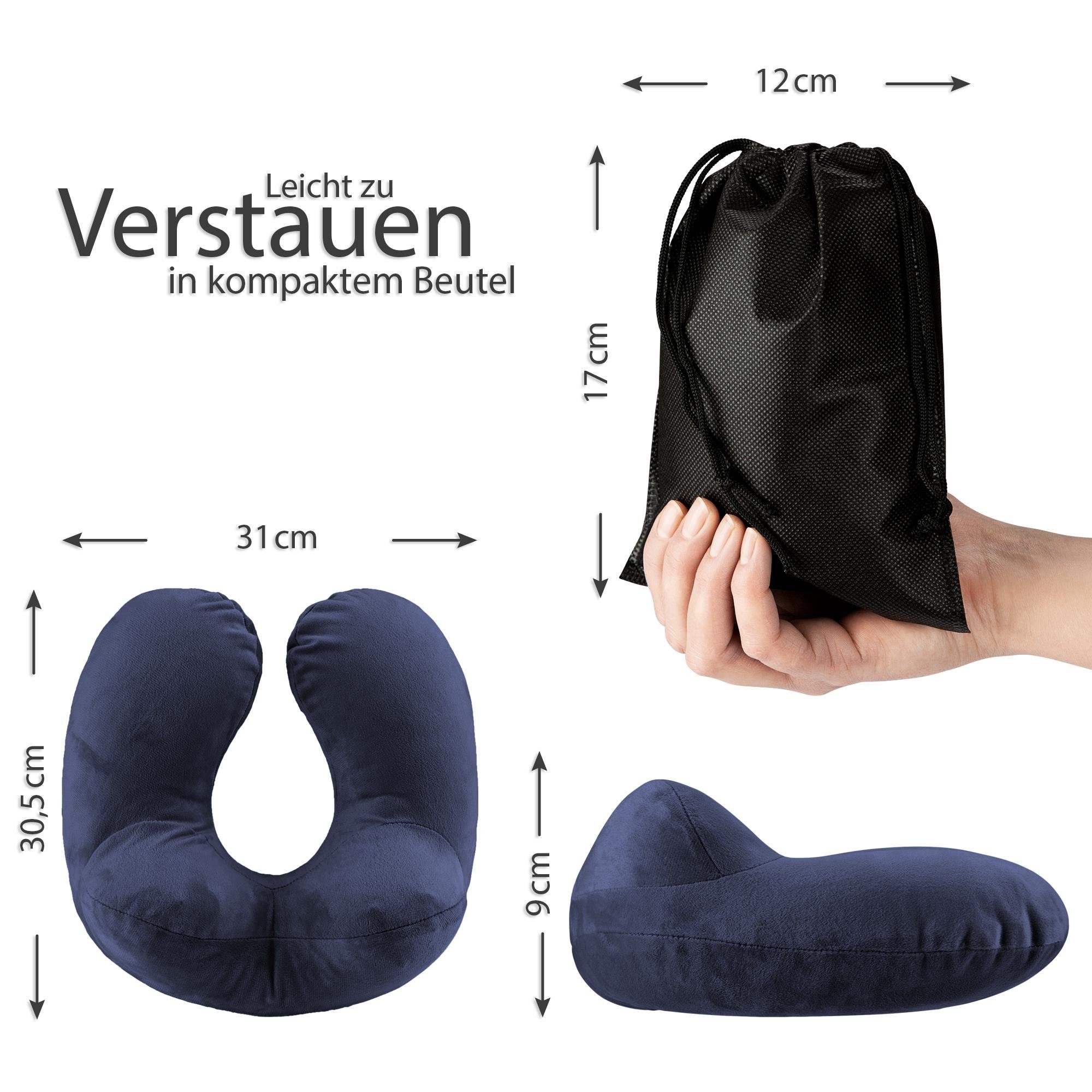 EAZY CASE Nackenhörnchen Aufblasbares Nackenhörnchen mit Stoffbezug, Nackenhörnchen, ergonomisch, U-Form, aufblasbares Nackenkissen, Camping, Weiches Fleece Kissen, Auto Reise Set inklusive Schlafmaske & Ohrstöpsel, Blau