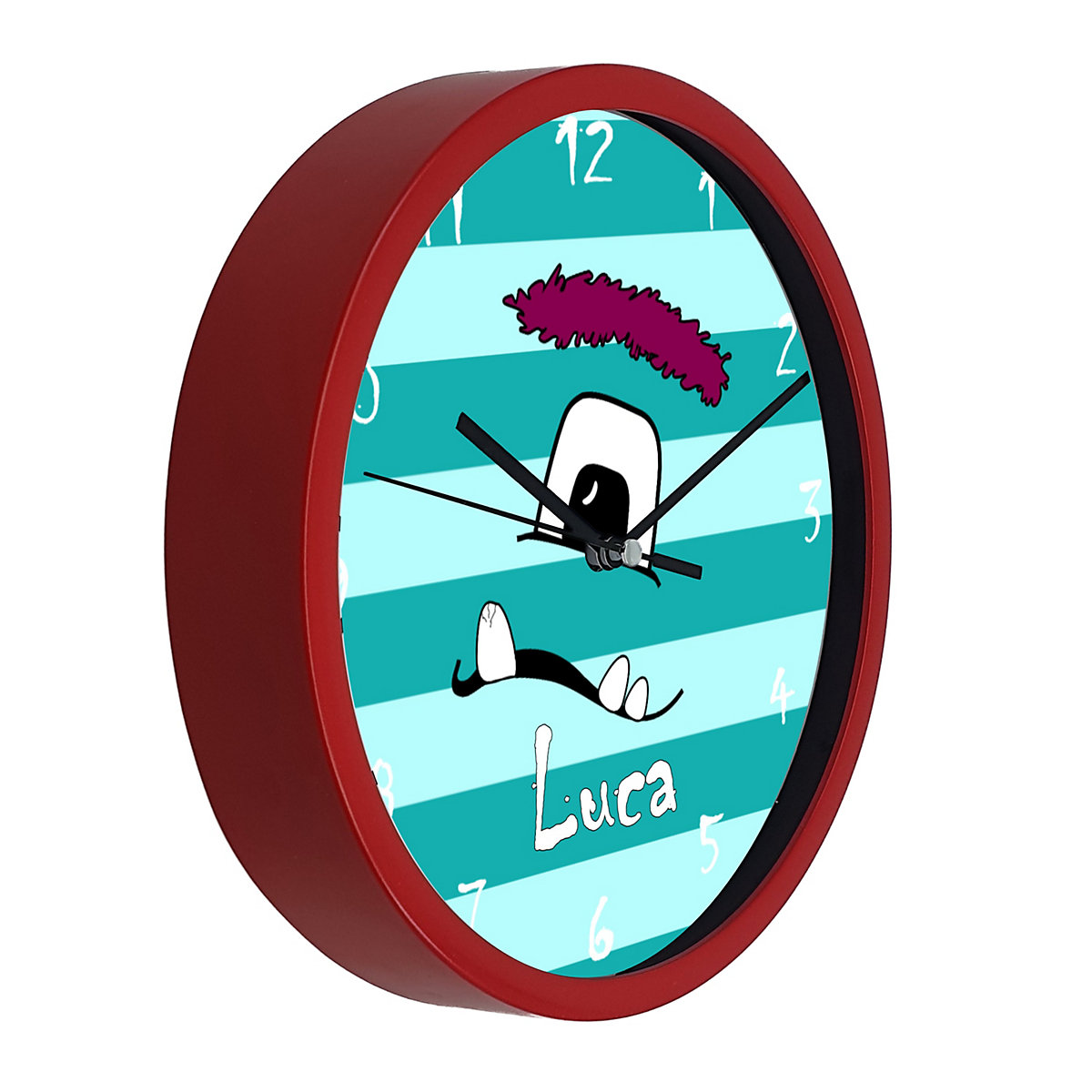 Kinder Wanduhr personalisiert mit Name Monster Streifen türkis