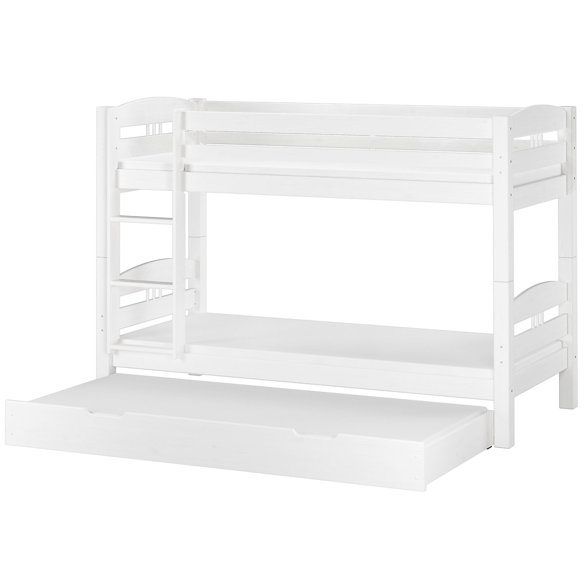 Stockbett 90x200 Kiefer weiß Rollroste, Matratzen, Gästebettkasten