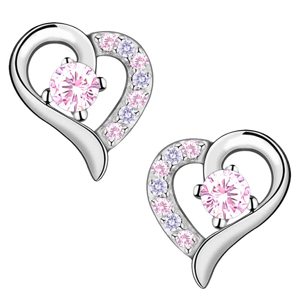 Limana Paar Ohrstecker Kinder Mädchen Damen Ohrringe 925 Sterling Silber Herz Herzohrringe, Liebesgeschenk Liebe Geschenk Idee rosa lila Zirkonia