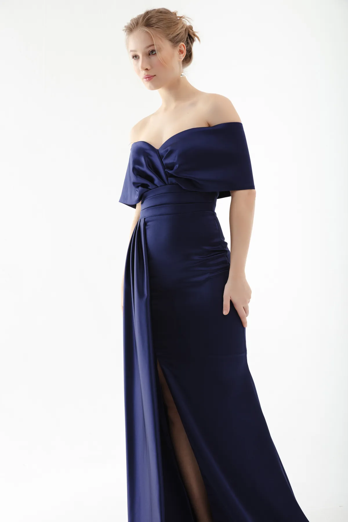 Lafaba  Marineblaues, langes Abendkleid mit U-Boot-Ausschnitt und Schlitz für Damen