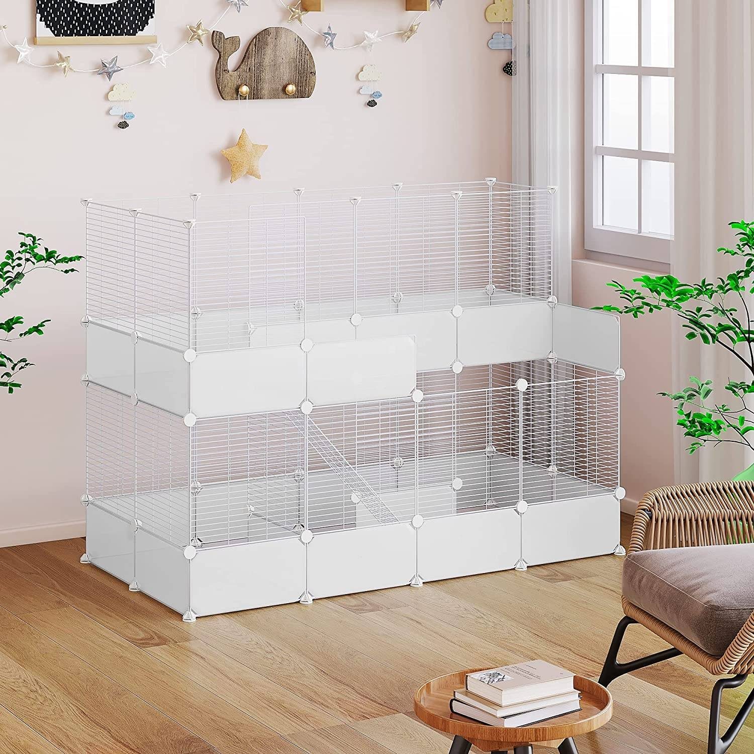 EUGAD Freigehege, Käfig mit Treppe für Kaninchen Indoor, Weiß 165x107x74cm