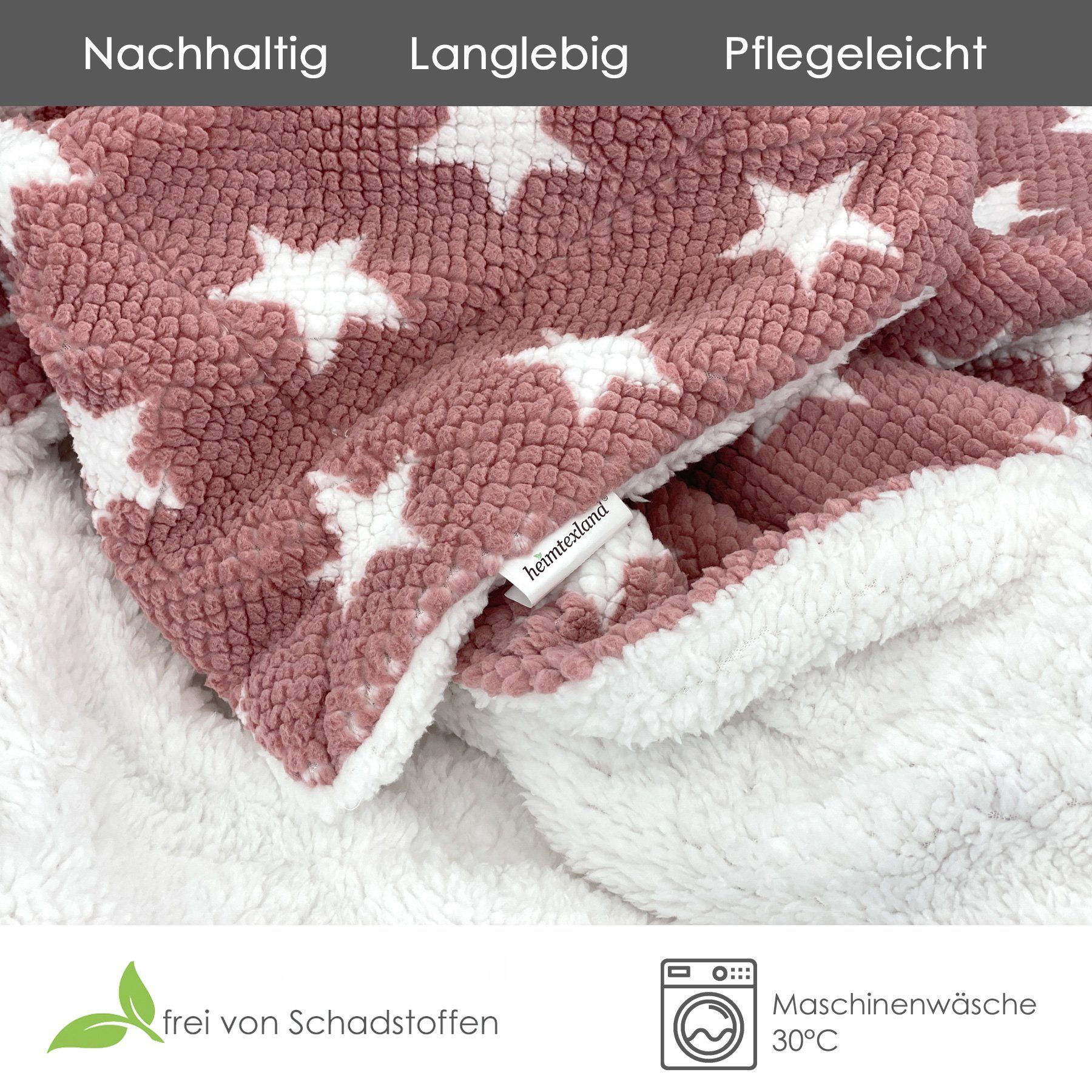 Wohndecke Flauschige Sterne Kuscheldecke 150x200 Sofadecke, heimtexland, mit kuschelig weicher Sherpa Fell Rückseite I Altrosa
