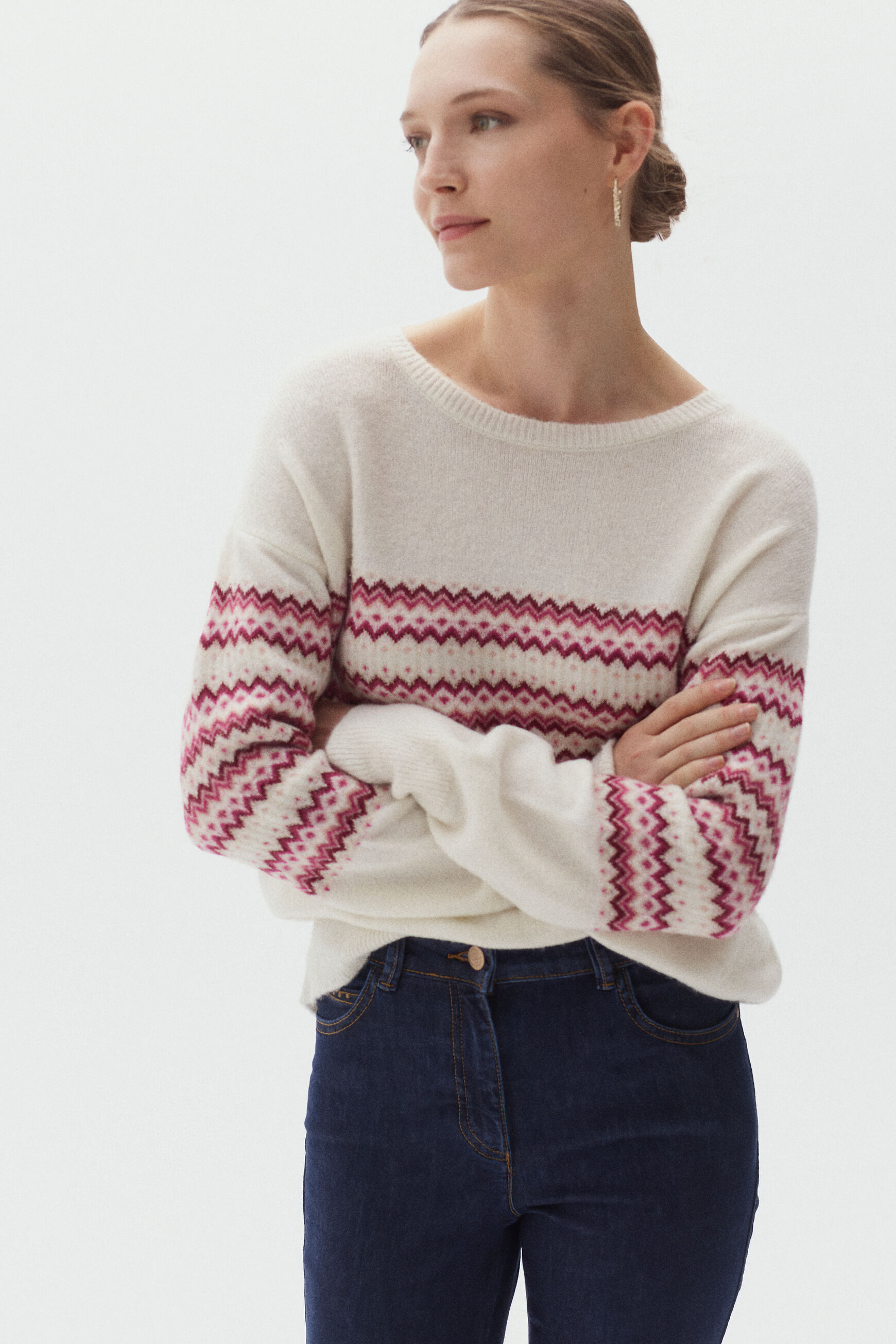 Pull jacquard et fils Lurex. rose femme