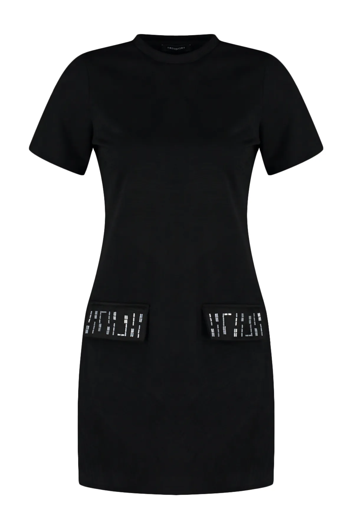 Trendyol Collection  Schwarzes Etuikleid/gerades Mini-Strickkleid aus Wildleder mit Rundhalsausschnitt und Steindetail TWOAW24EL00523