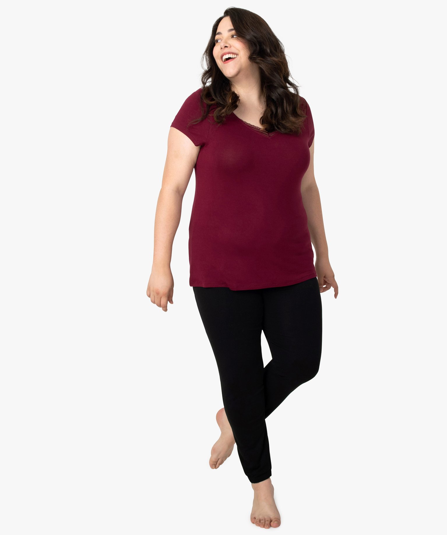 Tee-shirt de nuit femme grande taille avec col V bordé de d... violet fonce | GEMO