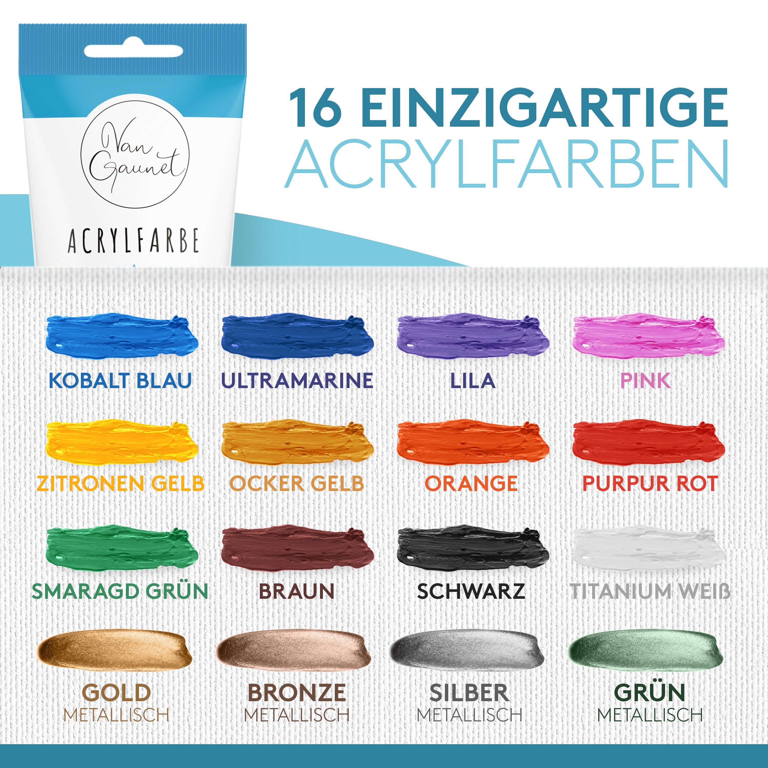 Van Gaunet Künstlerstift Van Gaunet Acrylfarben Set – 16 Acryl Farben 75ml Pigment & 10 Pinsel
