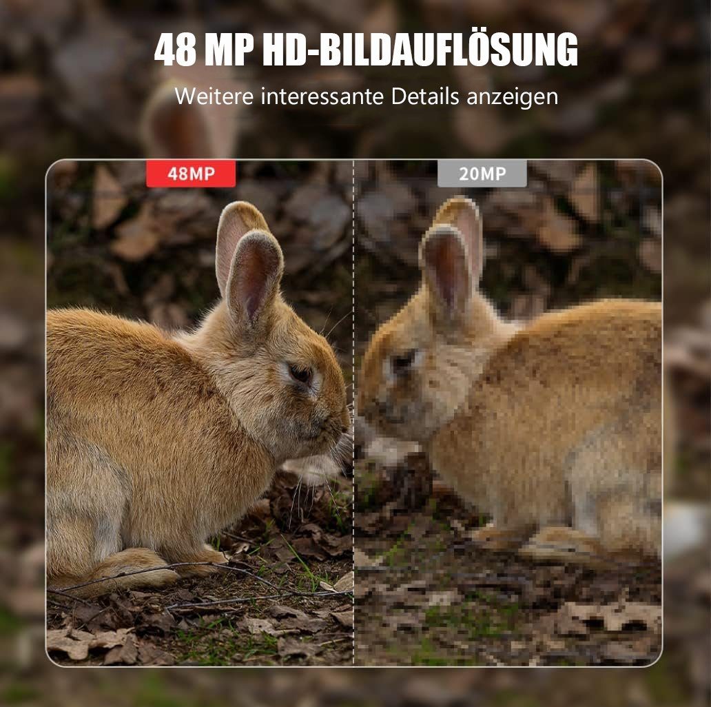 Usogood TC80 WLAN Wildkamera 4K 48MP 30fps Wildkamera mit Bewegungsmelder Wildkamera (Außenbereich, Wild, Bluetooth mit Nachtsicht, bewegungsaktivier,60°/120° Bewegungssensor, 0.3s Auslöserbewegung aktiviert 20 Meter 120°Weitwinkel, 36 Stück 850-nm-I