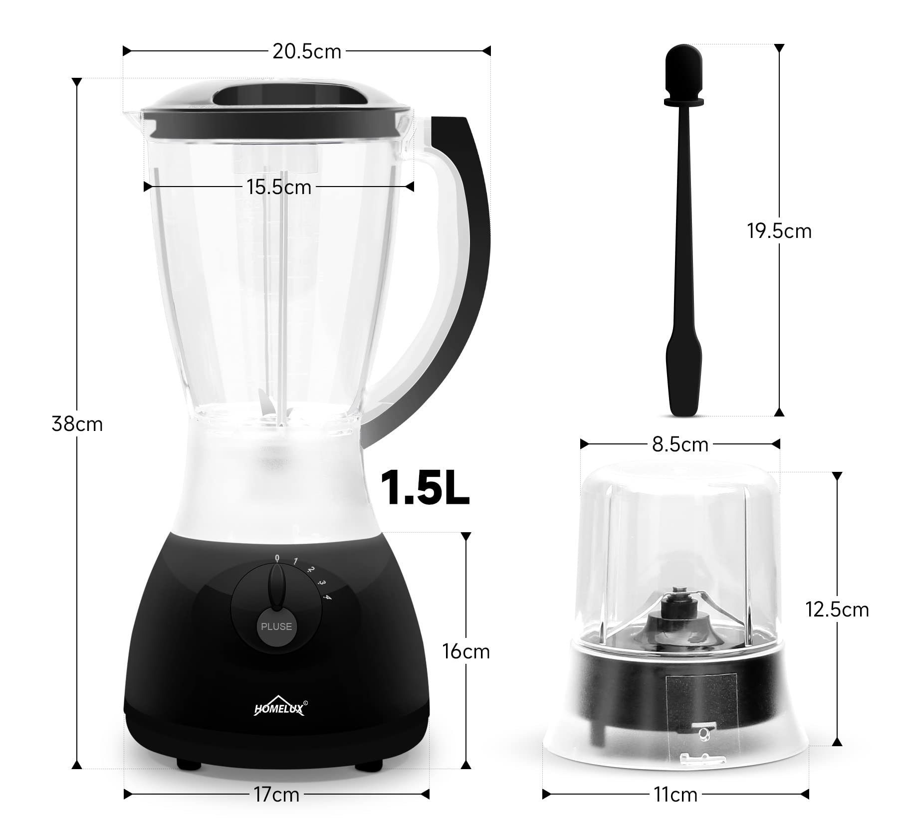 HOMELUX Standmixer 400w 1,5 L Kunststoff Mixer Smoothie Maker 3 in 1 Universal Blender, 400,00 W, 4 Geschwindigkeit, Impulsfunktion, Küchenmixer mit Stopfer
