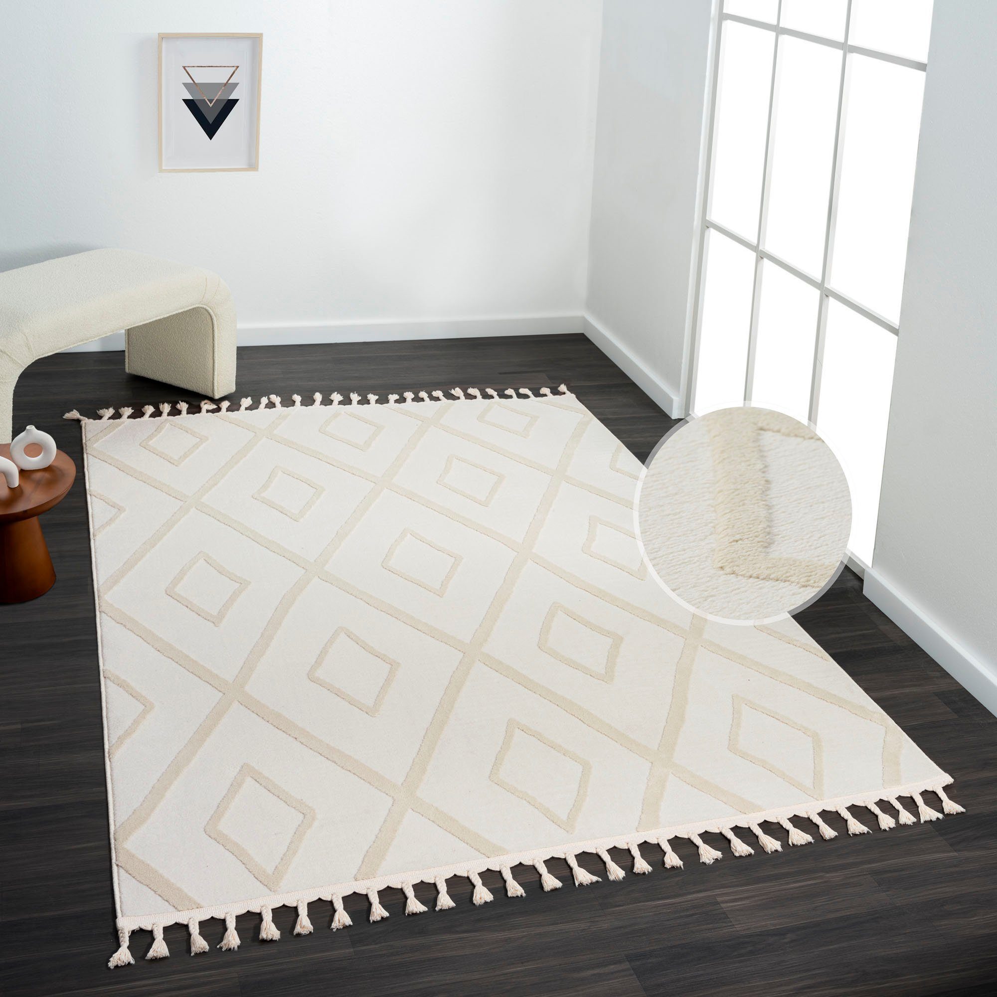 Teppich Otilie, andas, rechteckig, Höhe: 11 mm, dichte Qualität, Woll-Look, Boho, mit Fransen und Rauten, Scandi