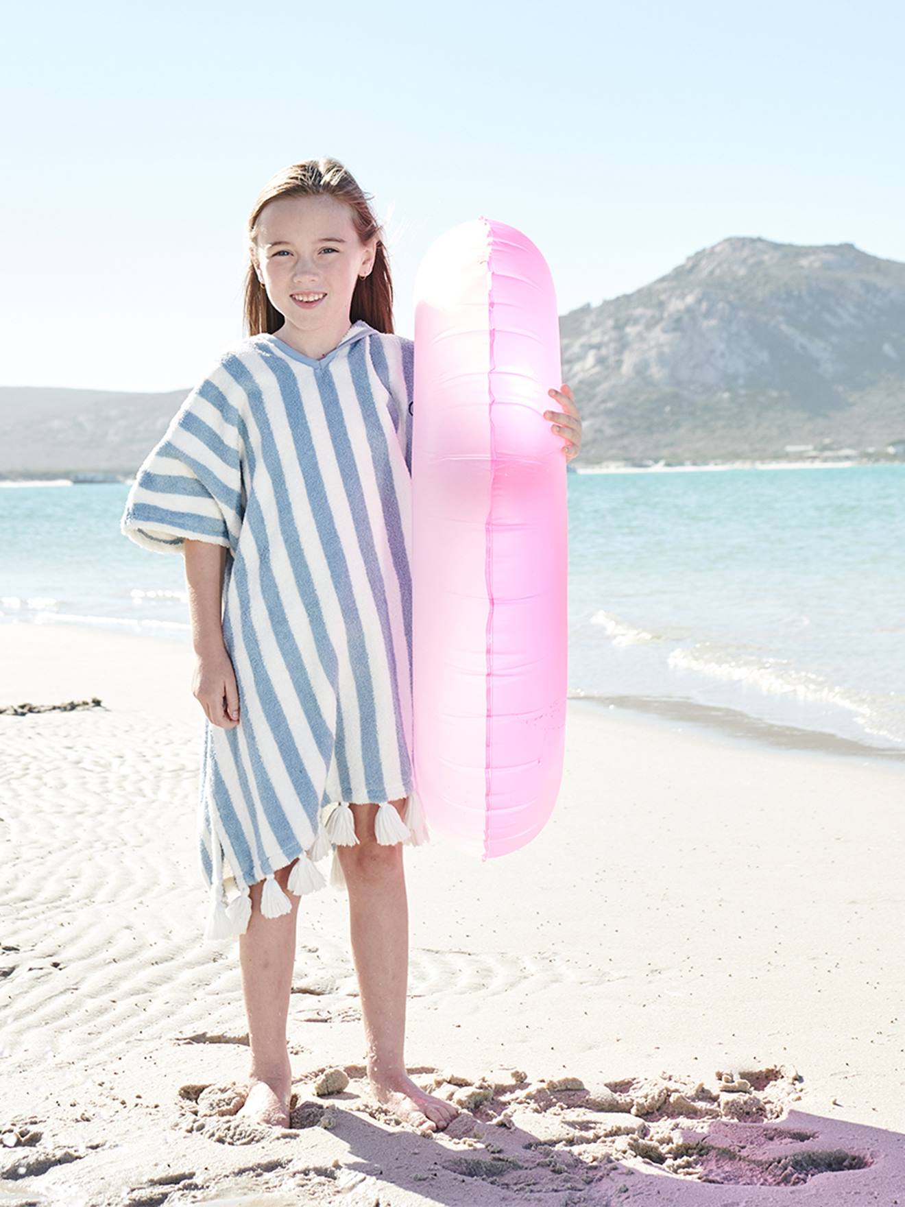 Poncho de bain enfant à rayures personnalisable bleu