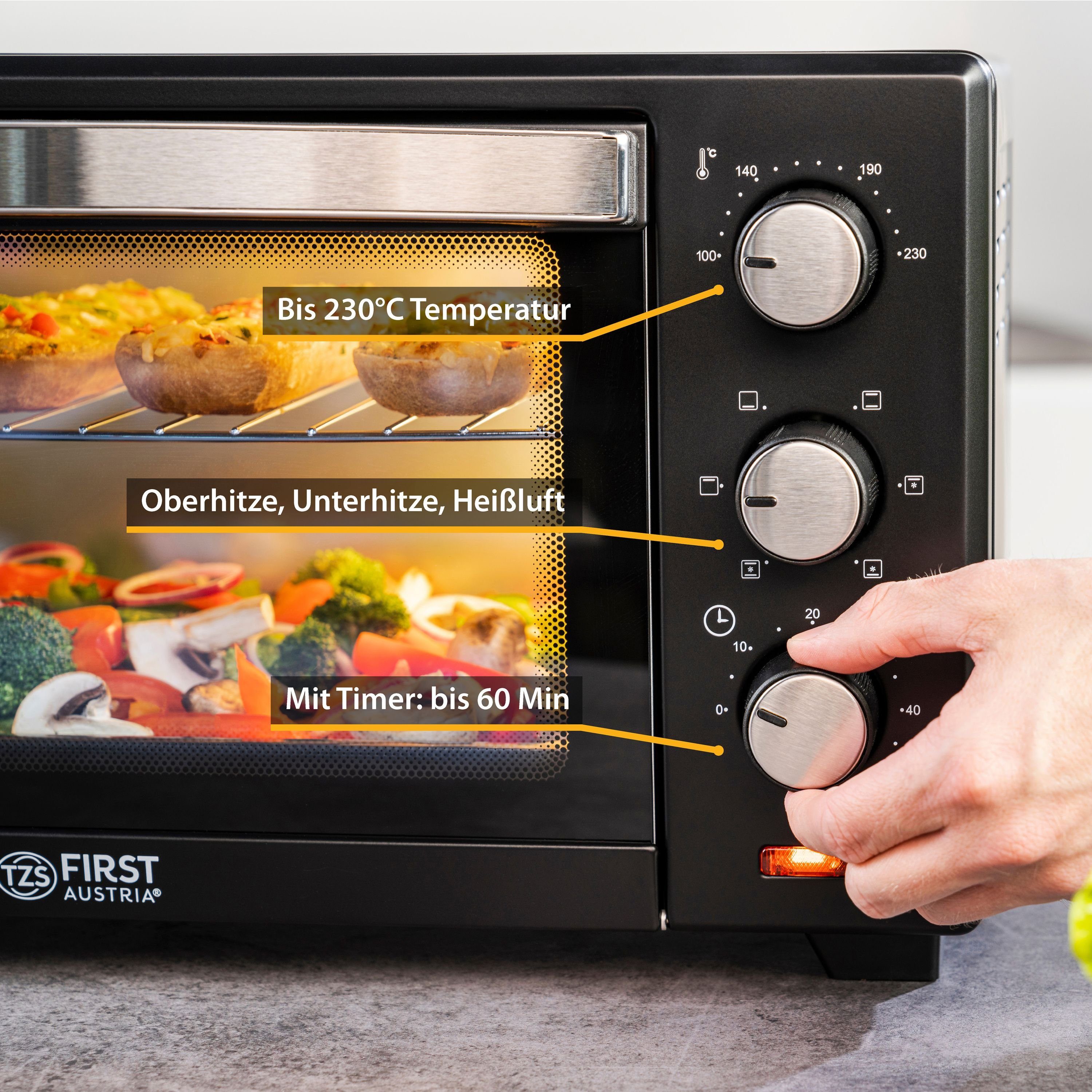 TZS FIRST AUSTRIA Minibackofen 20L Mini Backofen, 1380W, Unter-Oberhitze, bis 230 Grad, Doppelglastür, stufenlose Temperaturregelung, 60 Min Timer, Mini Ofen, Krümelblech