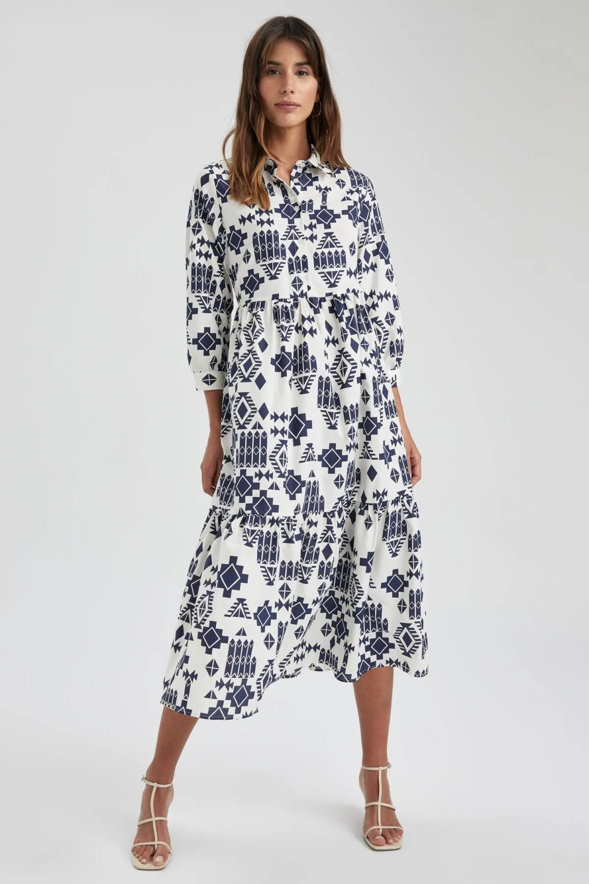 DeFacto  Gemustertes Maxi-Halbarmkleid aus Frottee-Baumwolle mit Hemdkragen Z9109az23sp
