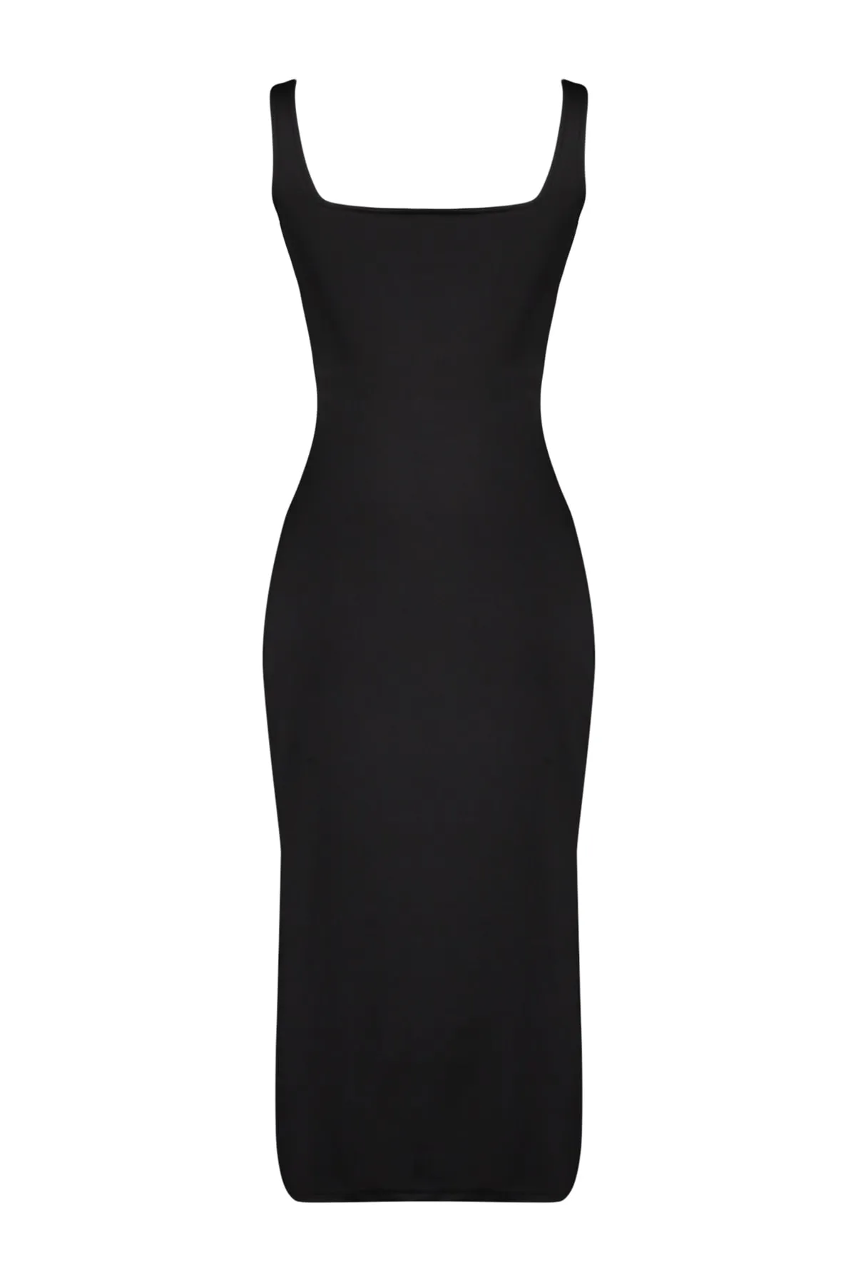 Trendyol Collection  Schwarzes, figurbetontes, elegantes Midi-Strickkleid mit Schlitz und Schlitz am eckigen Ausschnitt TWOSS23EL02144