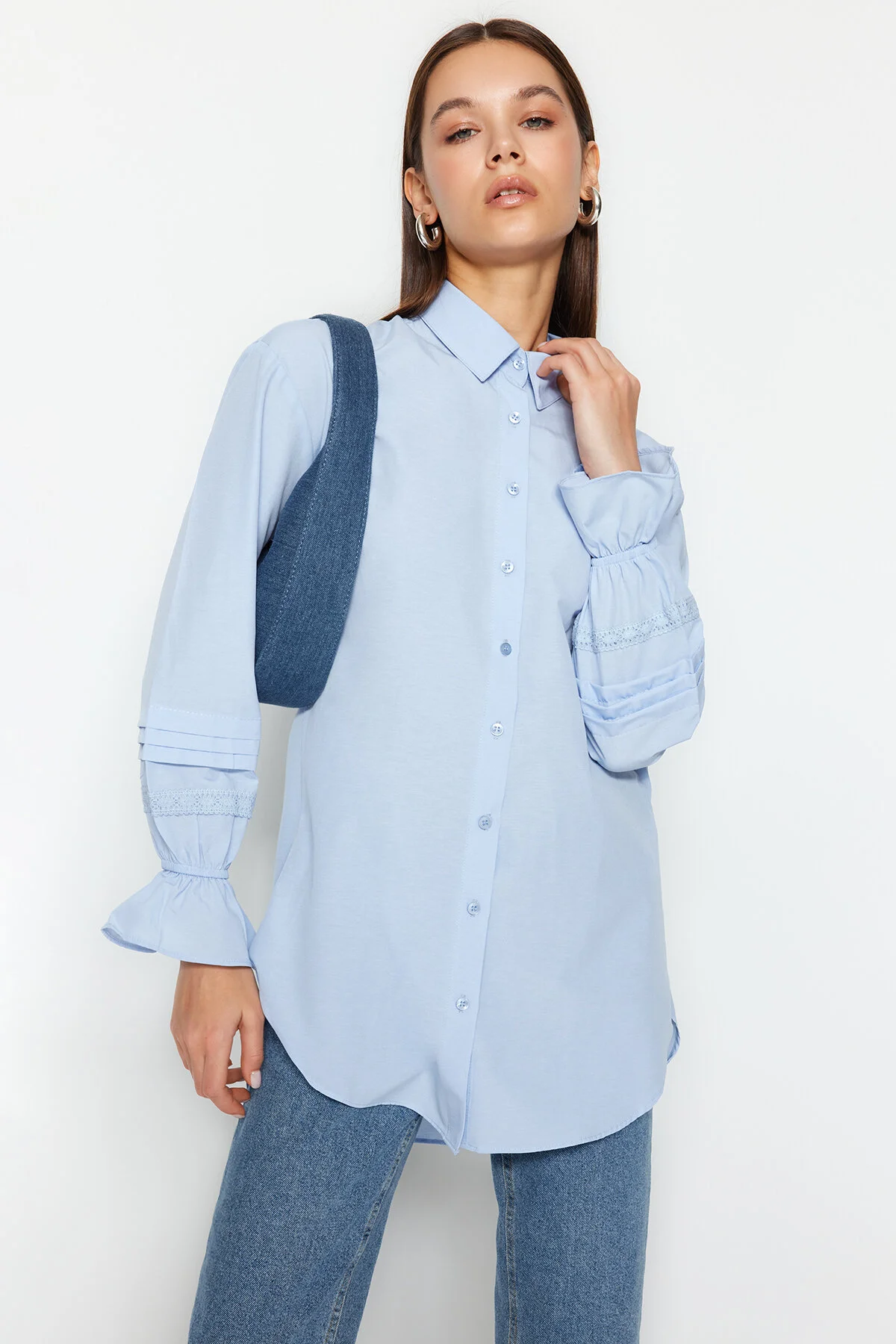 Trendyol Modest  Hellblaue Spitze/Mesh/Mesh, reguläre Terrycotton-Leinwandbindung TCTSS23TG00033