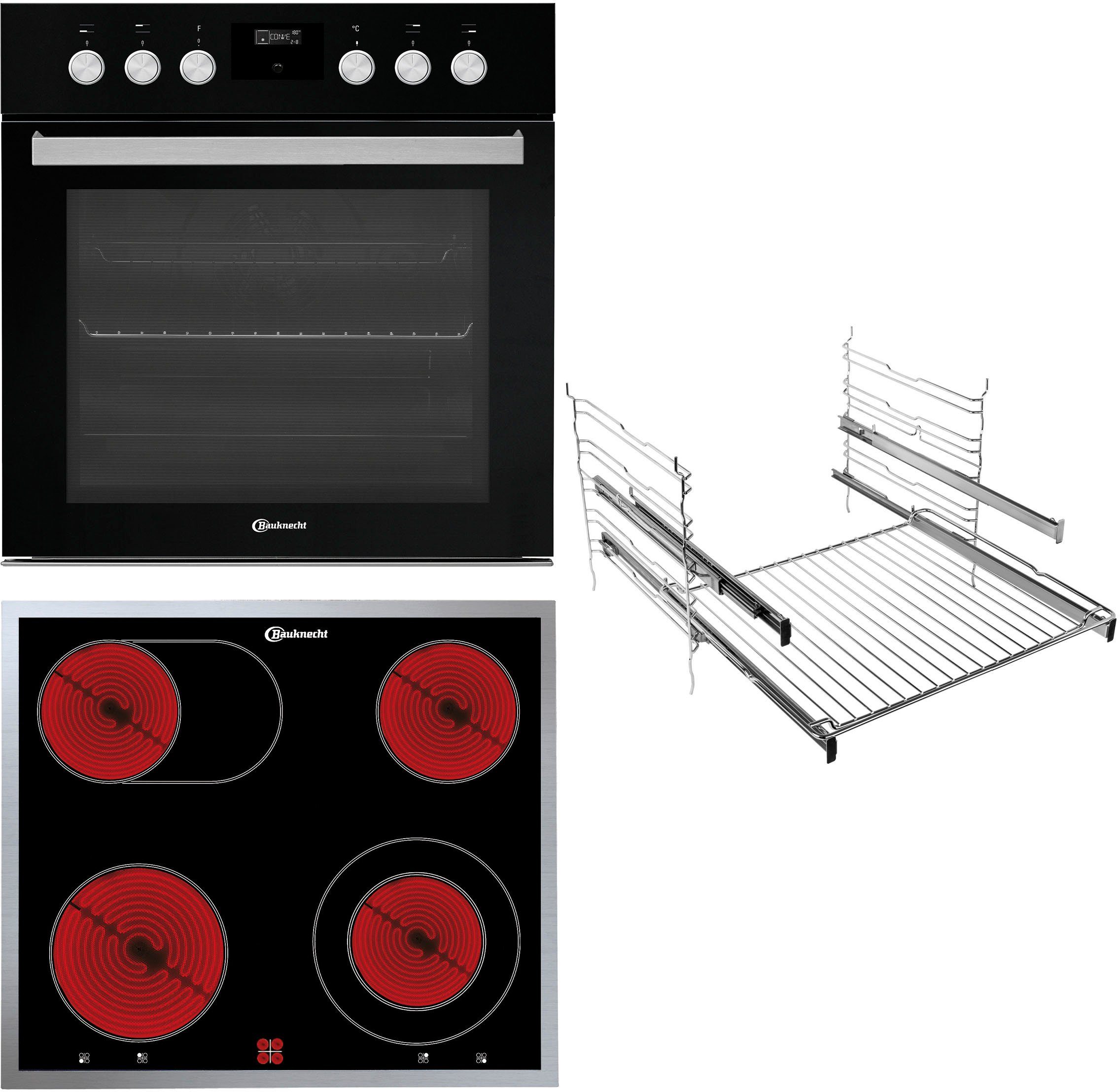 BAUKNECHT Elektro-Herd-Set HEKO BLACK TANGO, mit 2-fach-Teleskopauszug, Pyrolyse-Selbstreinigung