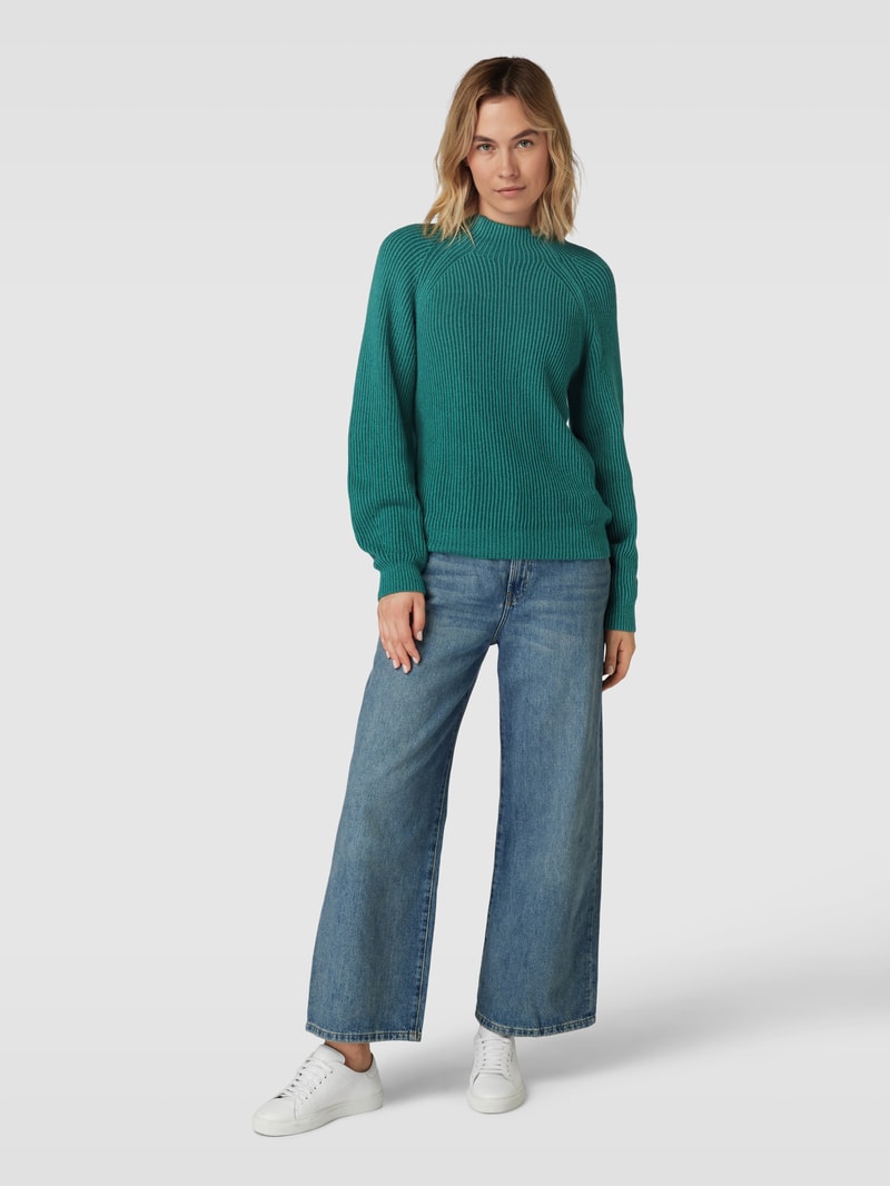 Strickpullover mit Lanawoll-Anteil und Rippenstruktur in petrol