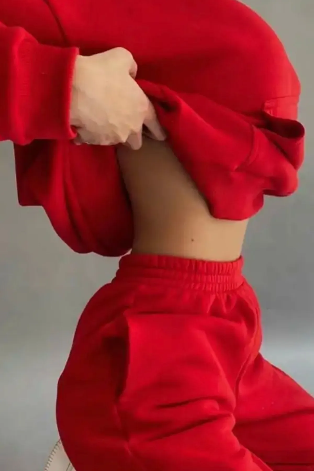 bayansepeti  Dreifädiges Gewebe, Kapuzenpullover mit Kängurutasche und hoch taillierter Hose, rot, Sport-Trainingsanzug-Set 400