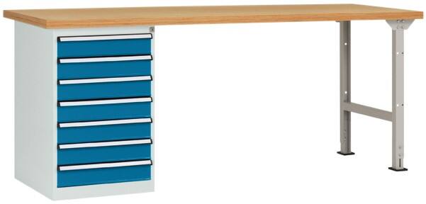 Manuflex Werkbanksystem Combi Modell 6 Buchenholz, Stahl  Brillantblau 2.000 x 700 x 840 mm