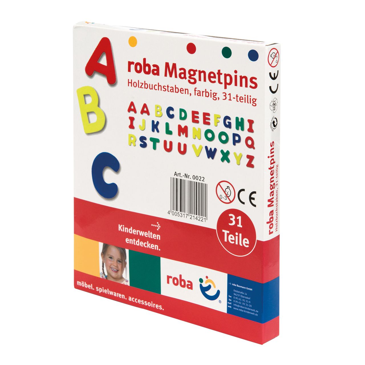 Roba Magnet Buchstaben, ABC Set 31tlg, Magnetpins aus Holz, Schul-Spielzeug für Kinder