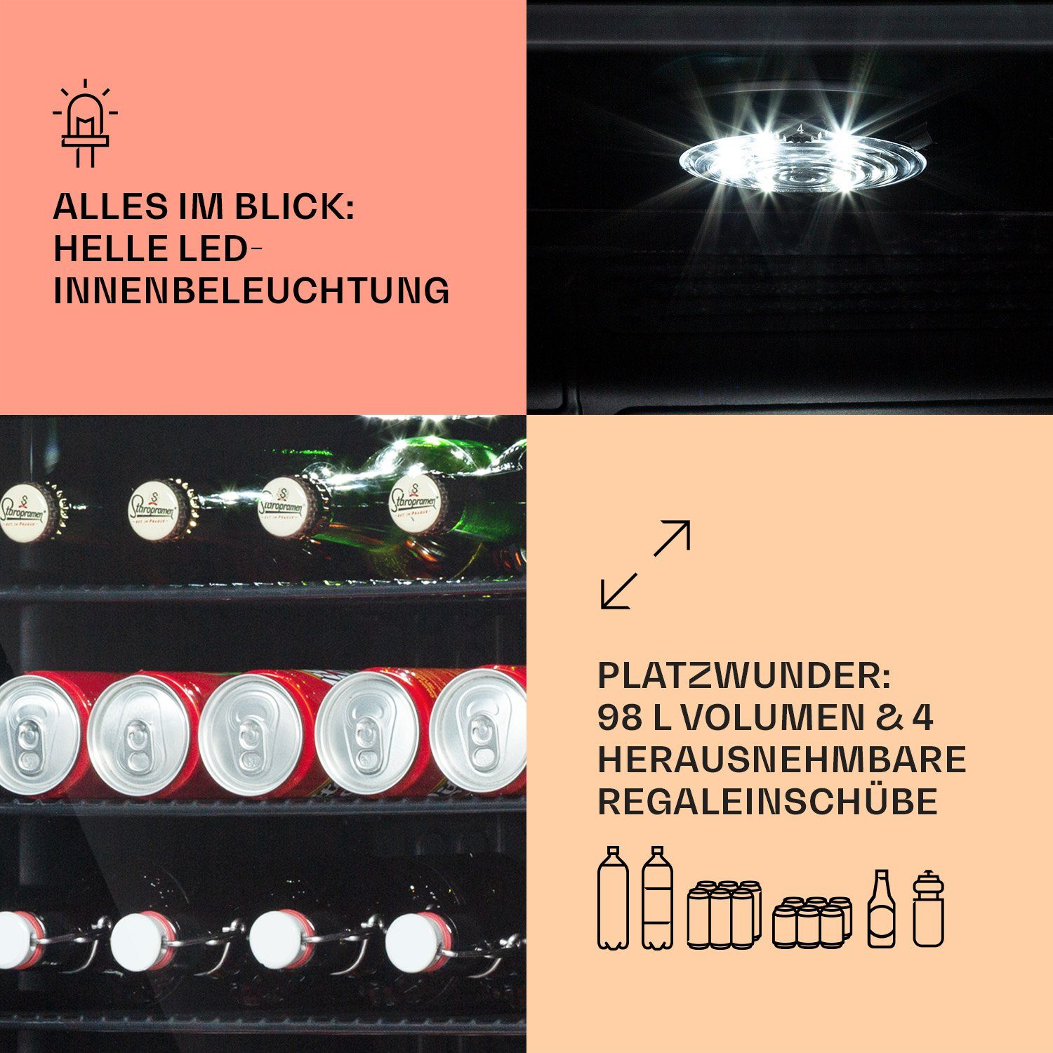 Klarstein Getränkekühlschrank HEA13-Beersafe3XL-OX 10039655, 83 cm hoch, 47 cm breit, Bierkühlschrank Getränkekühlschrank Flaschenkühlschrank mit Glastür
