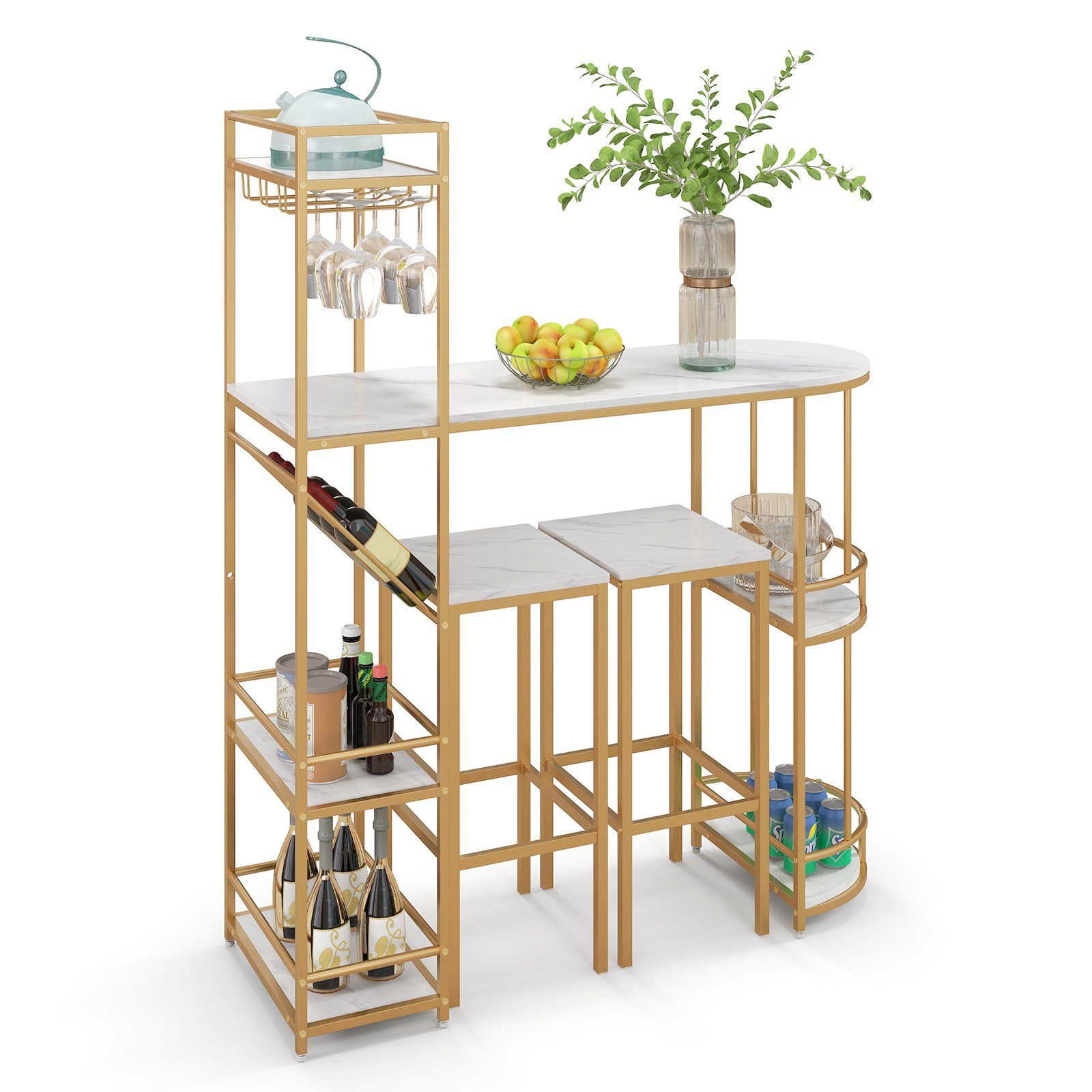 COSTWAY Bartisch, mit Hocker 2er Set, Mamor, mit Ablage, Glashalter&Weinregal