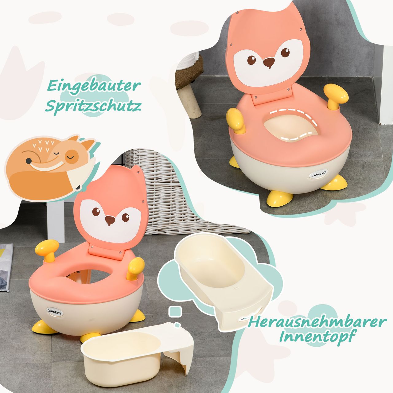 ZONEKIZ Kinder Töpfchen Kindertoilette im Fuchs-Design, Babytöpfchen mit Griff