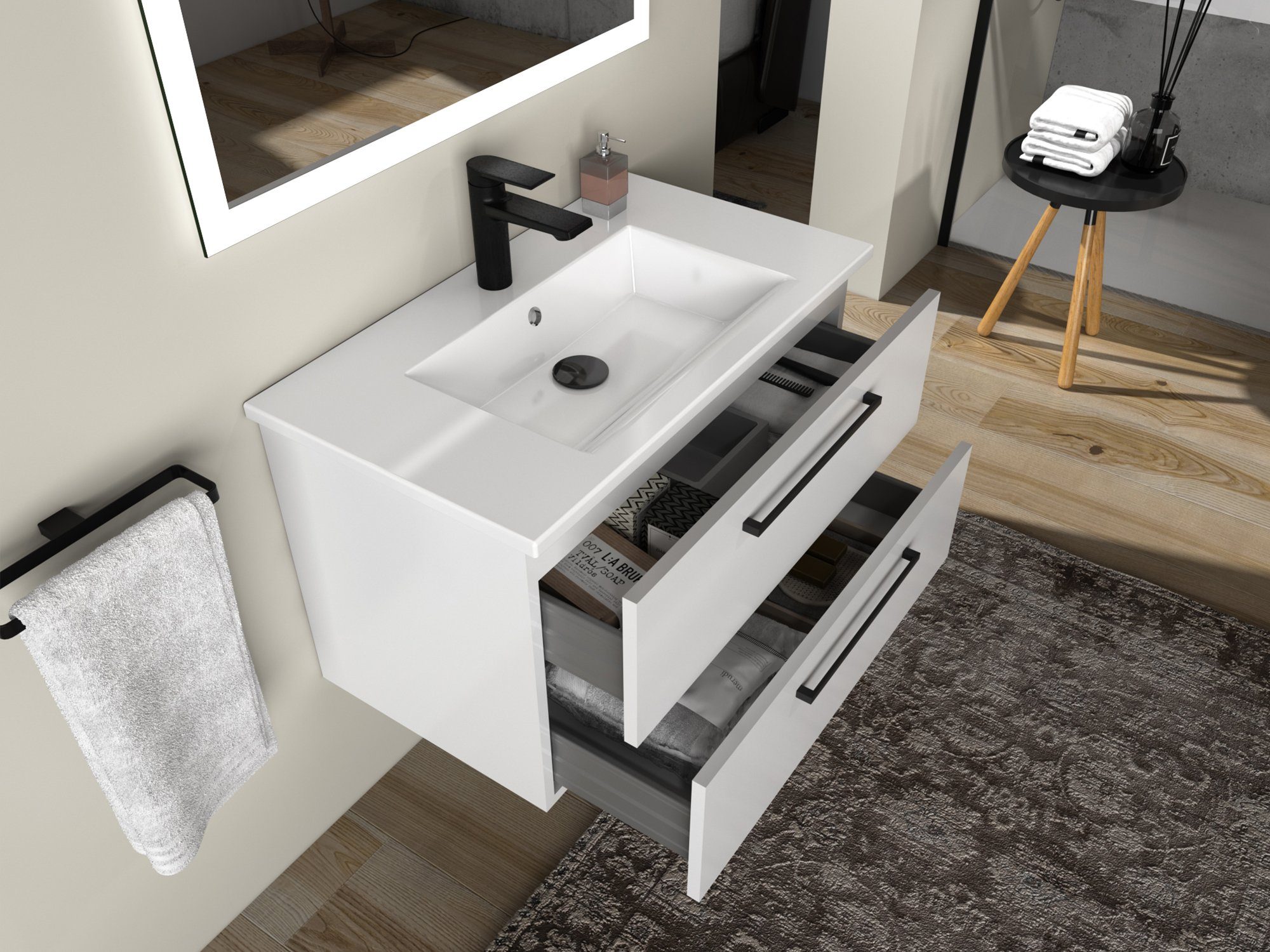 Aqua Bagno Badmöbel-Set Badmöbel 80cm inkl. Keramikwaschtisch Möbel-Wascht, (2-St)