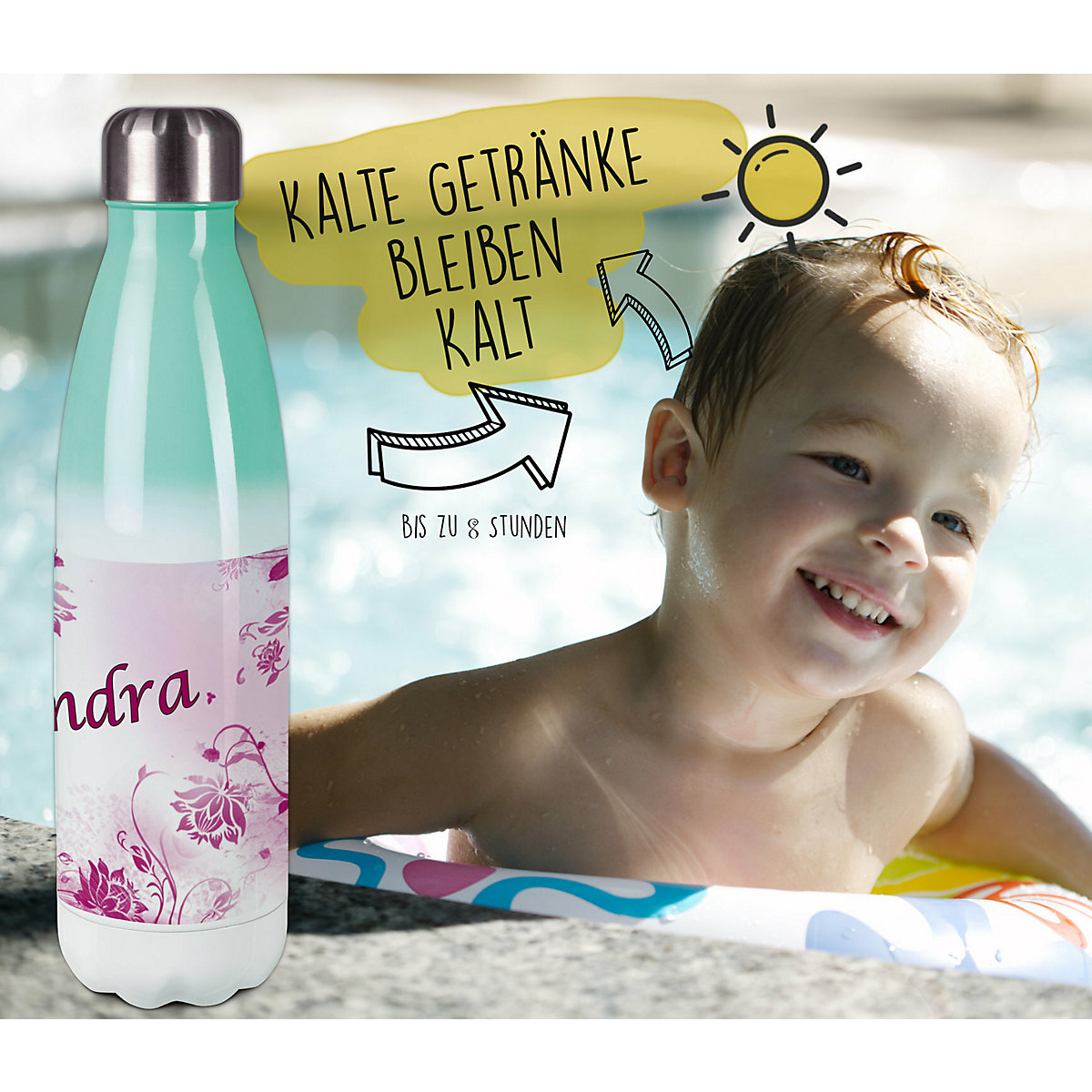 Edelstahl Kinder Thermoflasche / Trinkflasche bunt Blumenranke Farbe brombeere Spülmaschinenfest, Auslaufsicher, Bruchfest, Doppelwandig, Für Heißgetränke geeignet, Mit Deckel, Isoliert